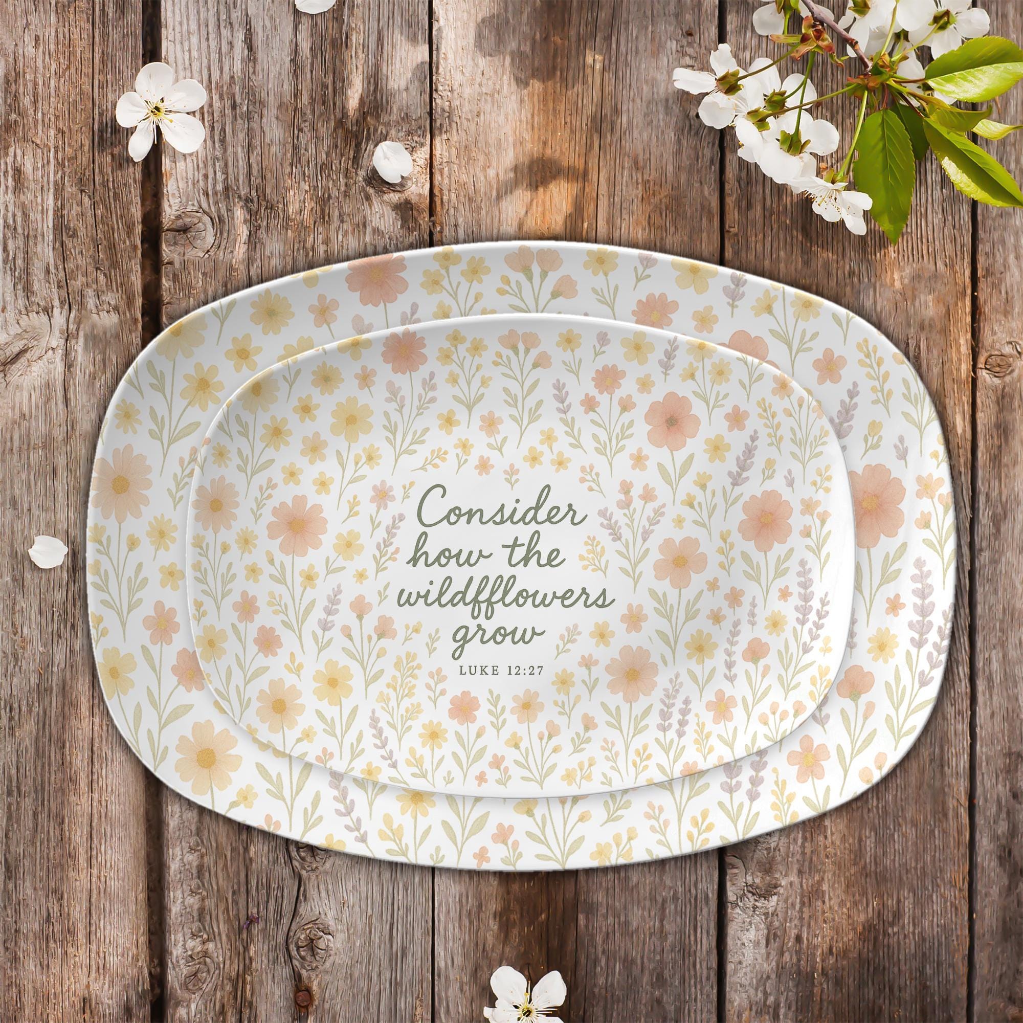Christian Floral Platter – “Consider How the Wildflowers Grow” Luke 12:27 – Faith-Inspired Home Decor or Scripture Gift