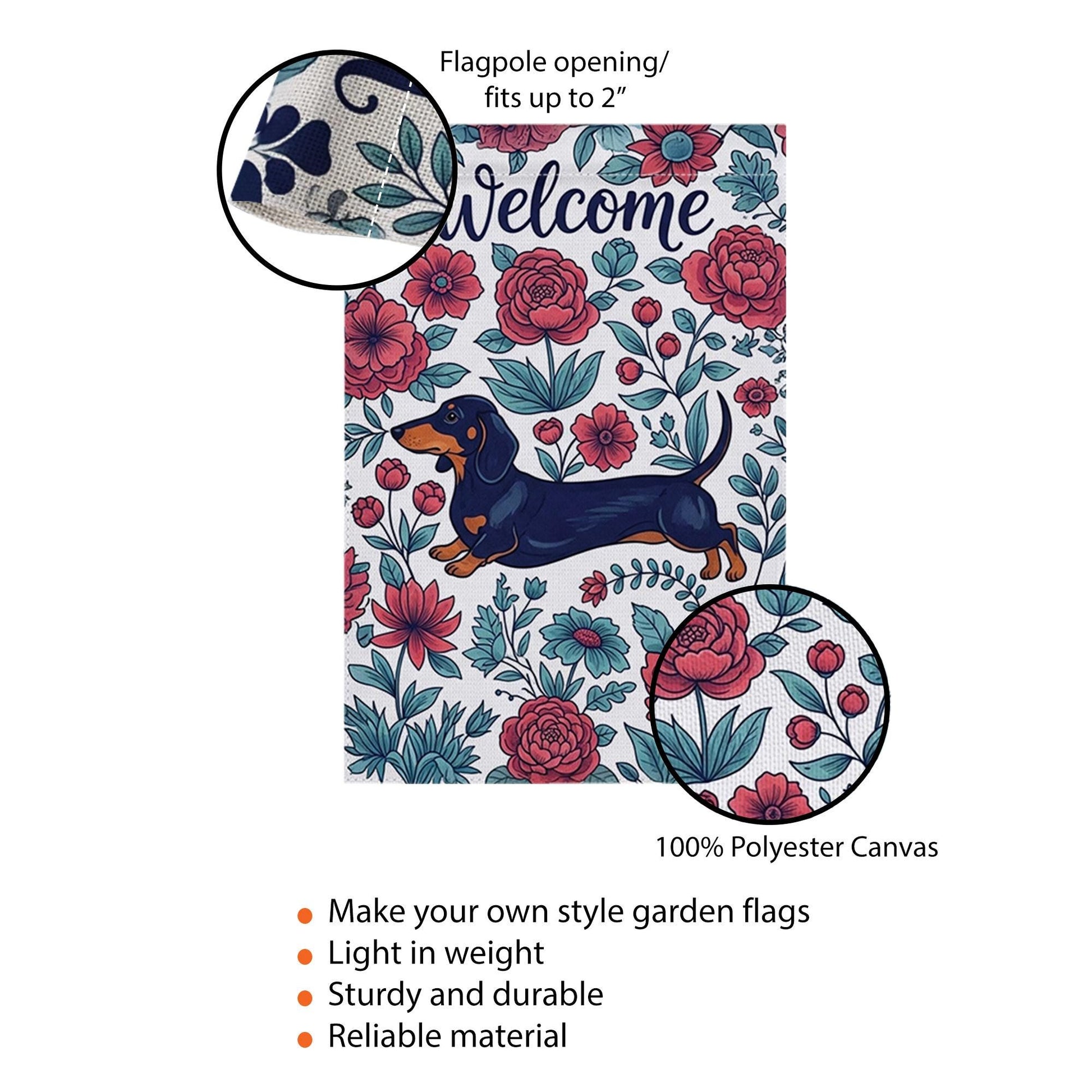 Dachshund Welcome Garden Flag, Floral Dog Yard Flag, Spring Outdoor Decor, Sausage Dog Flag, Cute Pet Garden Banner