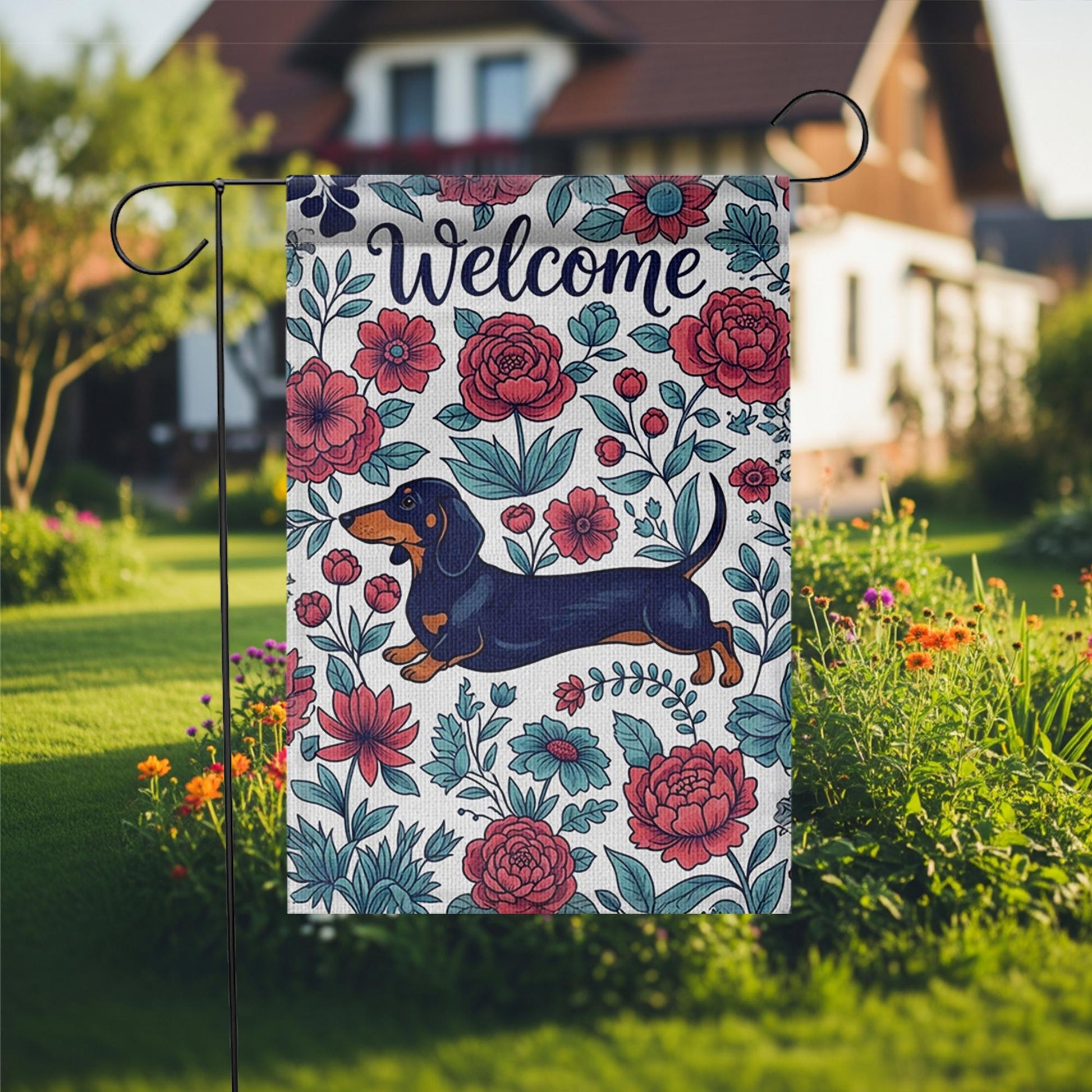Dachshund Welcome Garden Flag, Floral Dog Yard Flag, Spring Outdoor Decor, Sausage Dog Flag, Cute Pet Garden Banner