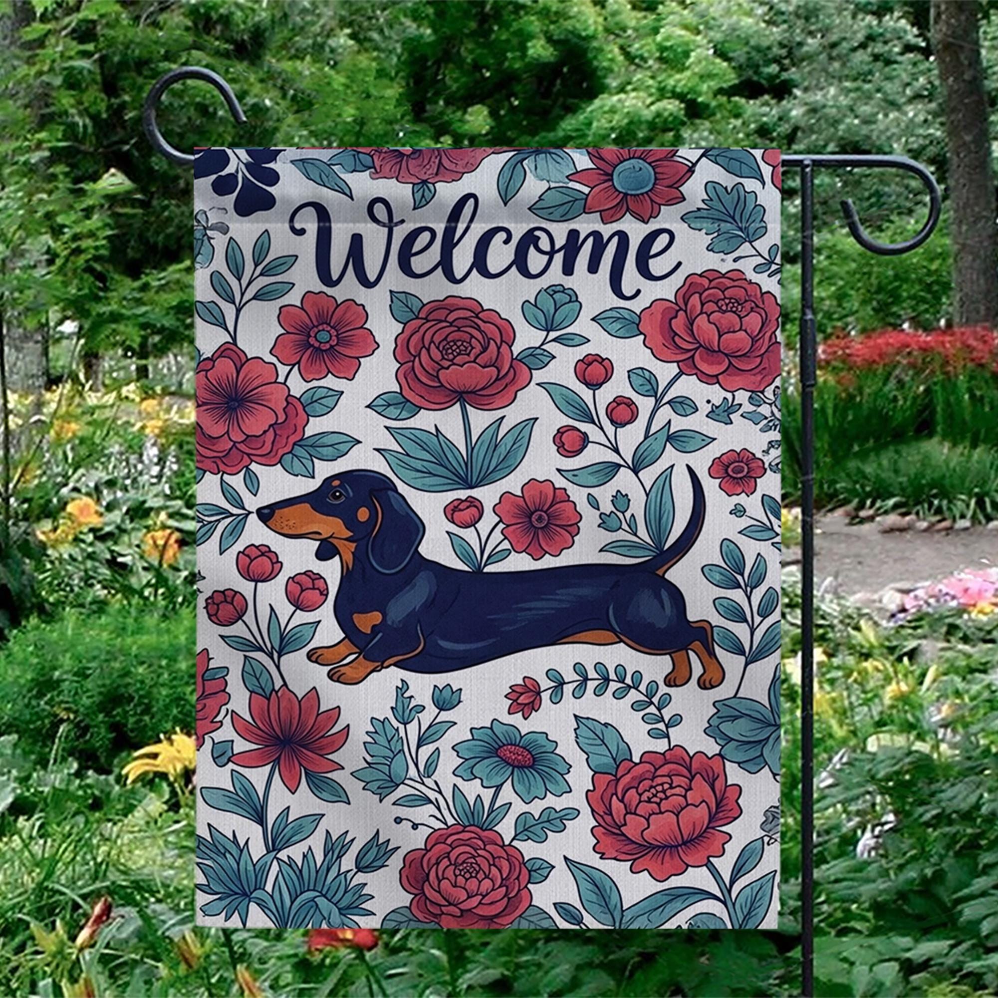 Dachshund Welcome Garden Flag, Floral Dog Yard Flag, Spring Outdoor Decor, Sausage Dog Flag, Cute Pet Garden Banner