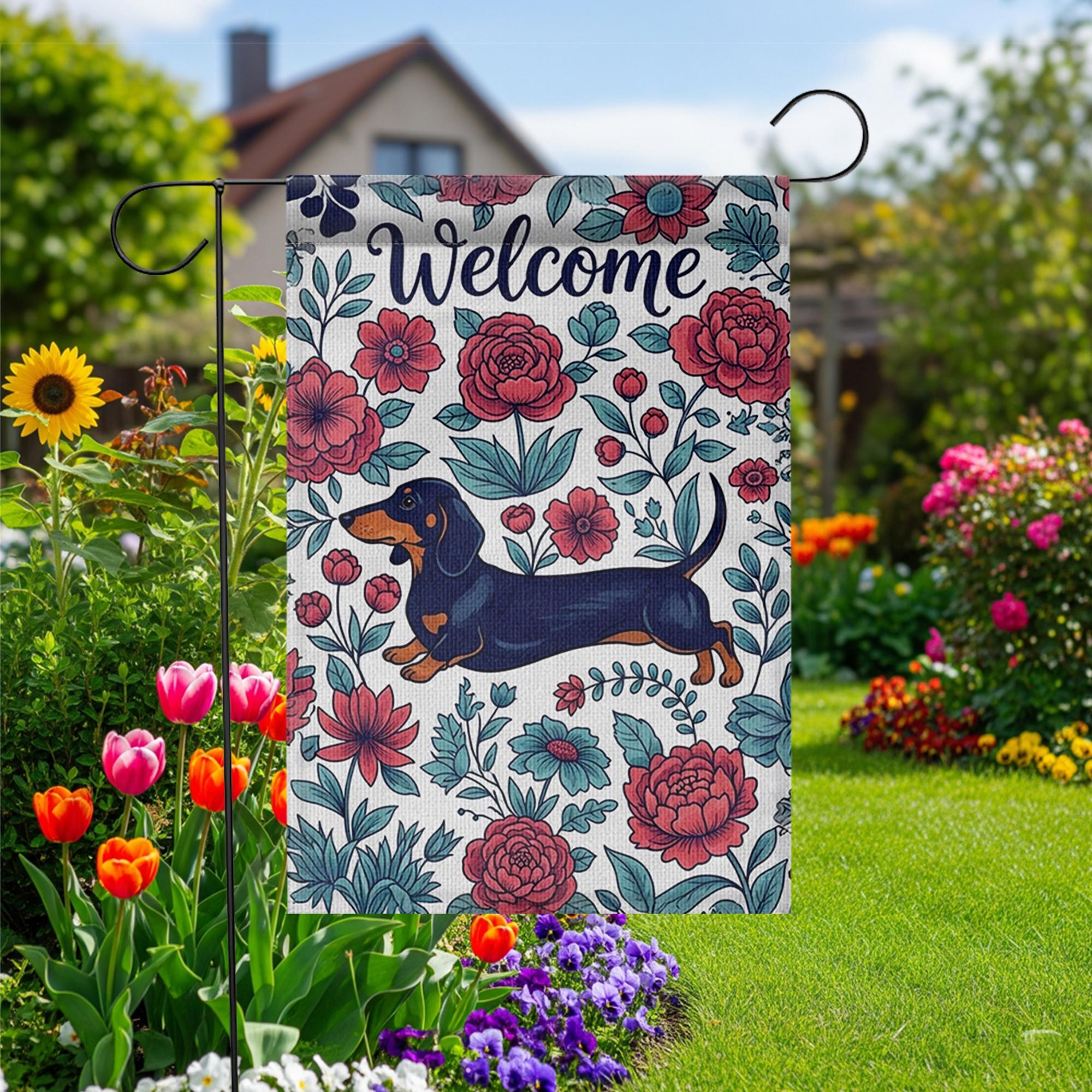 Dachshund Welcome Garden Flag, Floral Dog Yard Flag, Spring Outdoor Decor, Sausage Dog Flag, Cute Pet Garden Banner