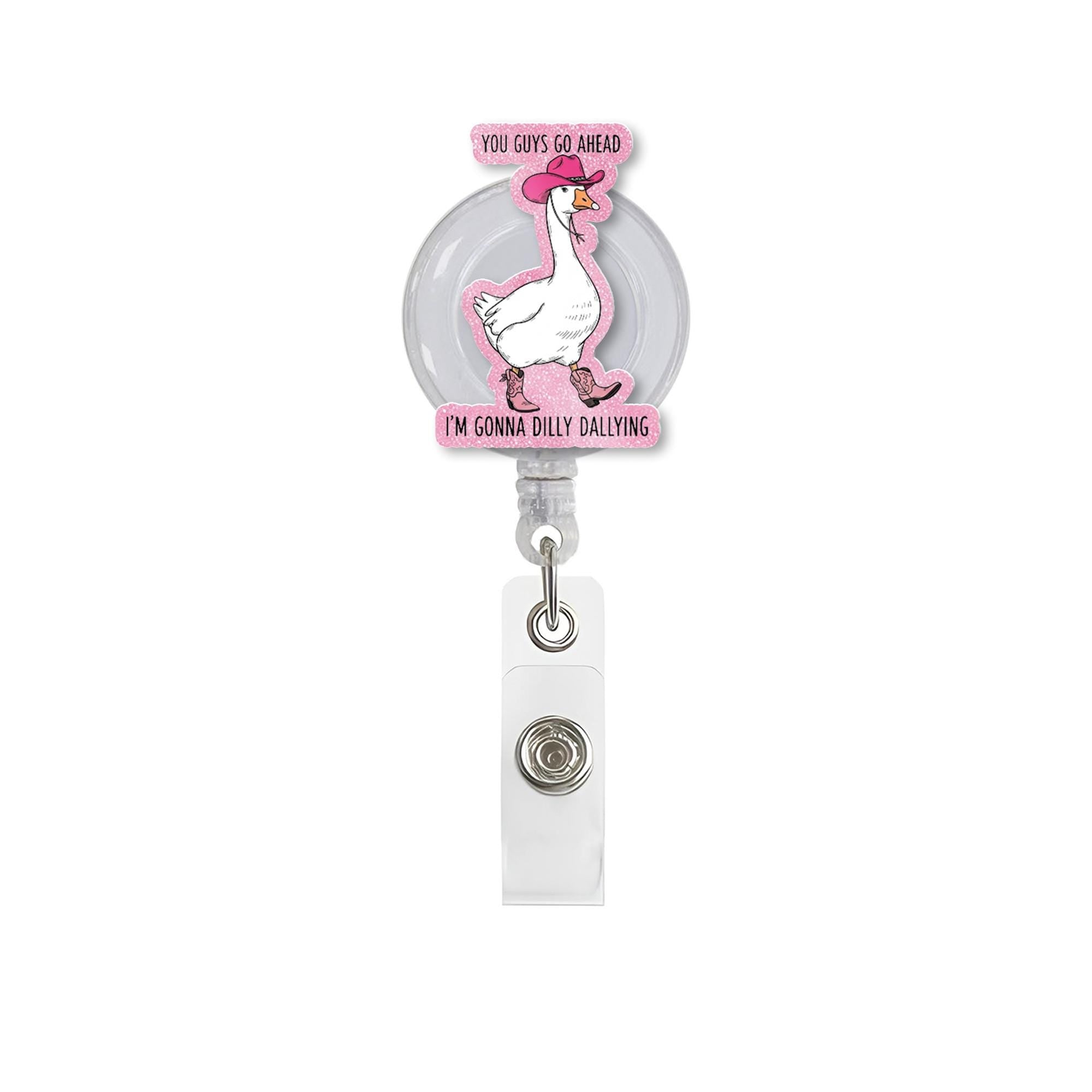 Funny Silly Goose Faux Glitter Badge Reel,Cowgirl Goose ID Holder, Dilly Dallying Badge Clip, Cute Nurse Gift, Animal Retractable Badge Reel