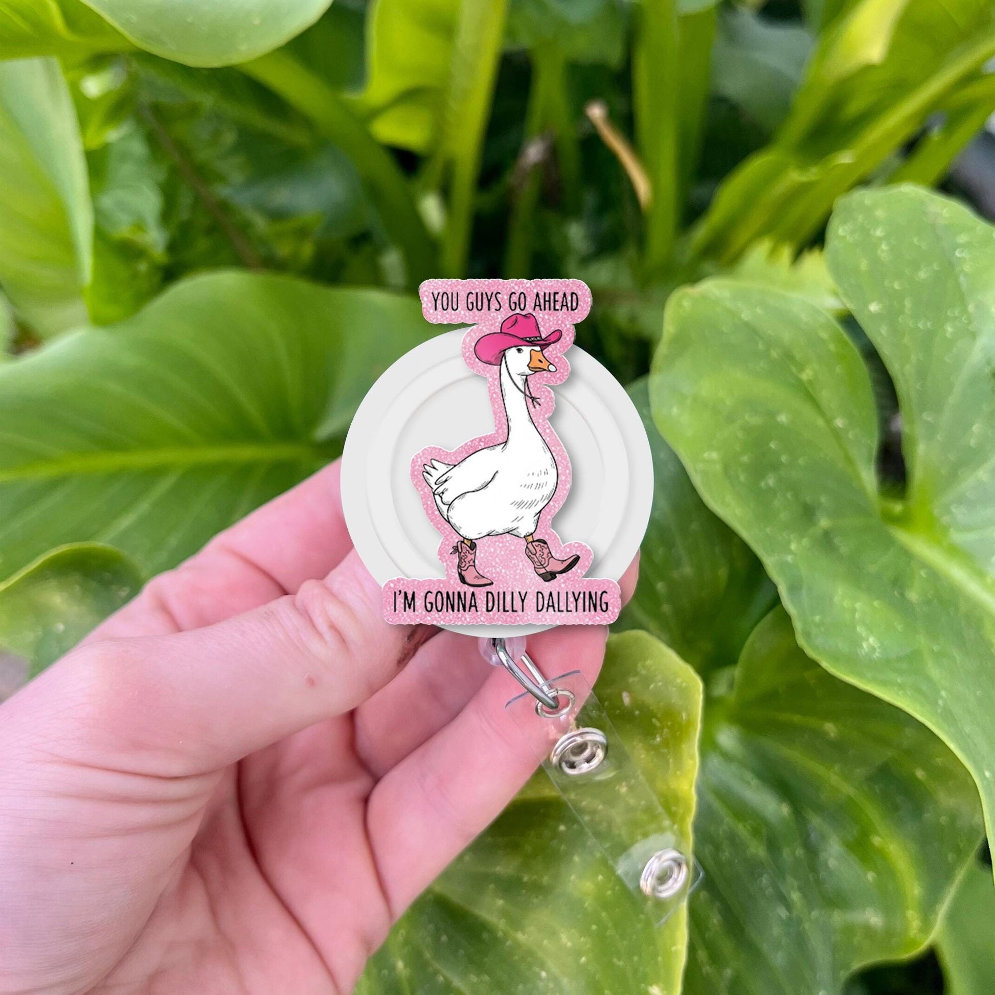 Funny Silly Goose Faux Glitter Badge Reel,Cowgirl Goose ID Holder, Dilly Dallying Badge Clip, Cute Nurse Gift, Animal Retractable Badge Reel