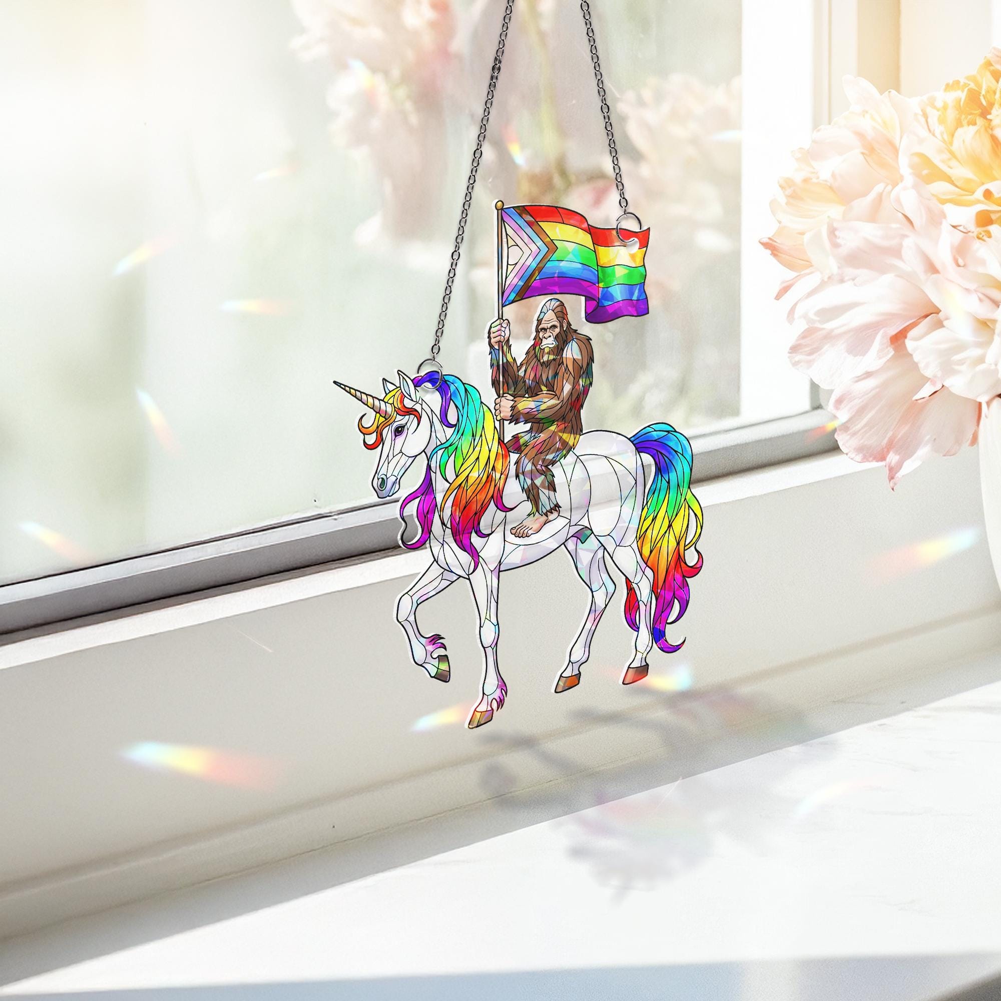 Acrylic Suncatcher – Holographic Bigfoot on Rainbow Unicorn with Pride Flag – Funny LGBTQ+ Window Decor or Gift for Gay friend