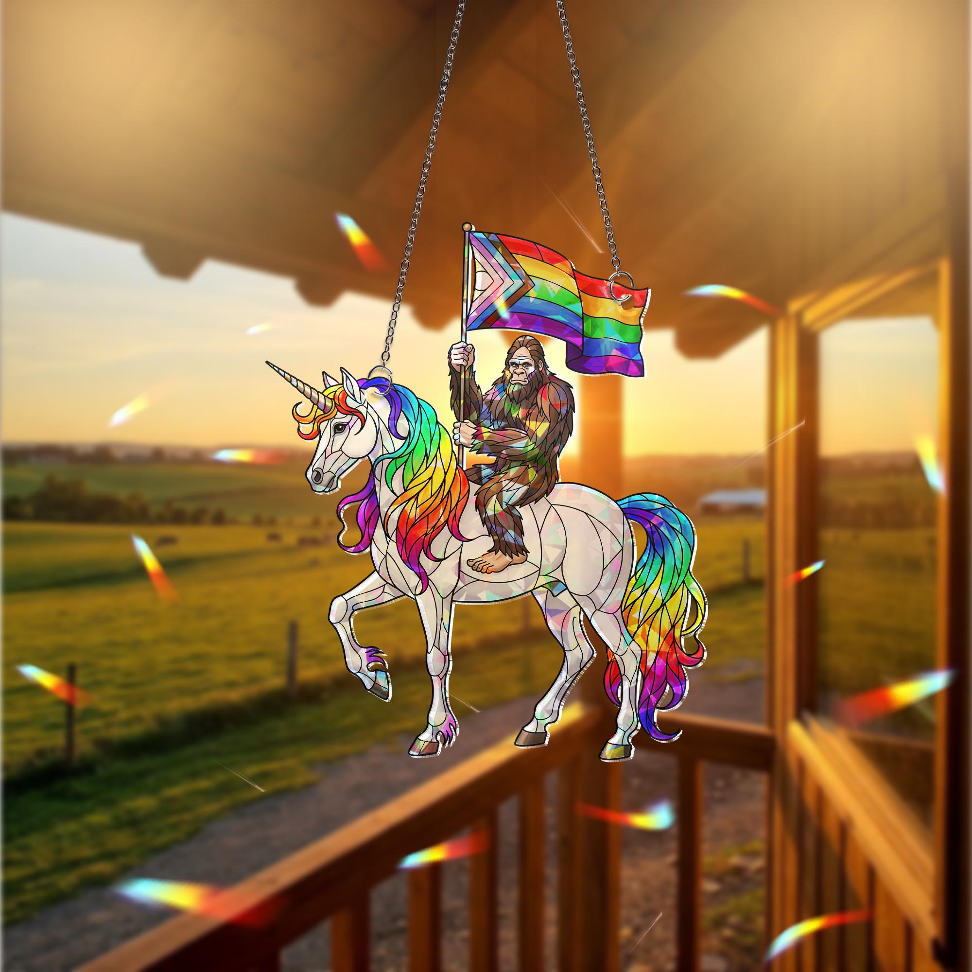 Acrylic Suncatcher – Holographic Bigfoot on Rainbow Unicorn with Pride Flag – Funny LGBTQ+ Window Decor or Gift for Gay friend