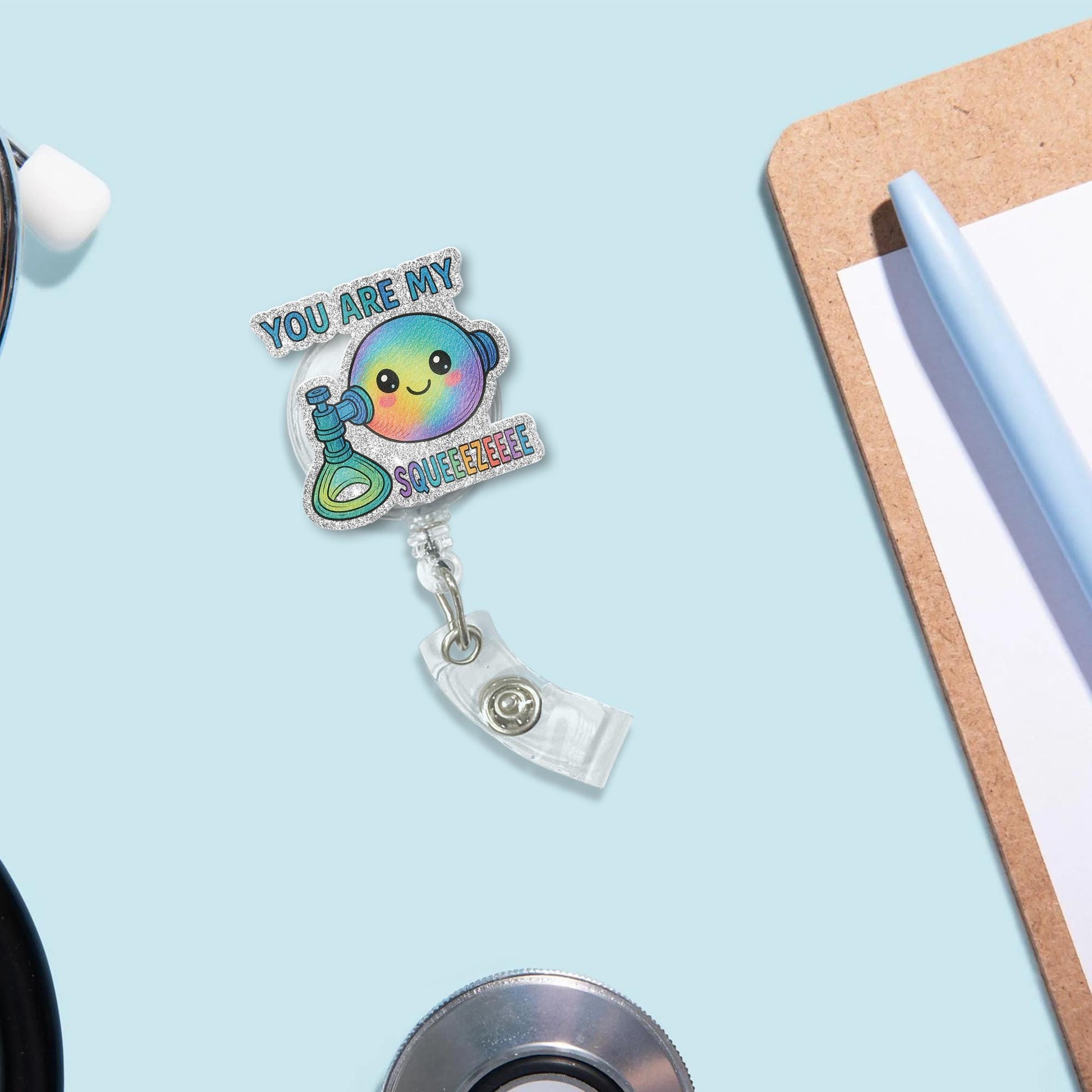 Cute BVM Badge Reel, Funny Respiratory Badge Holder, You Are My Squeeze, RT Gift, Rainbow Medical Badge Reel, Glitter ID Clip