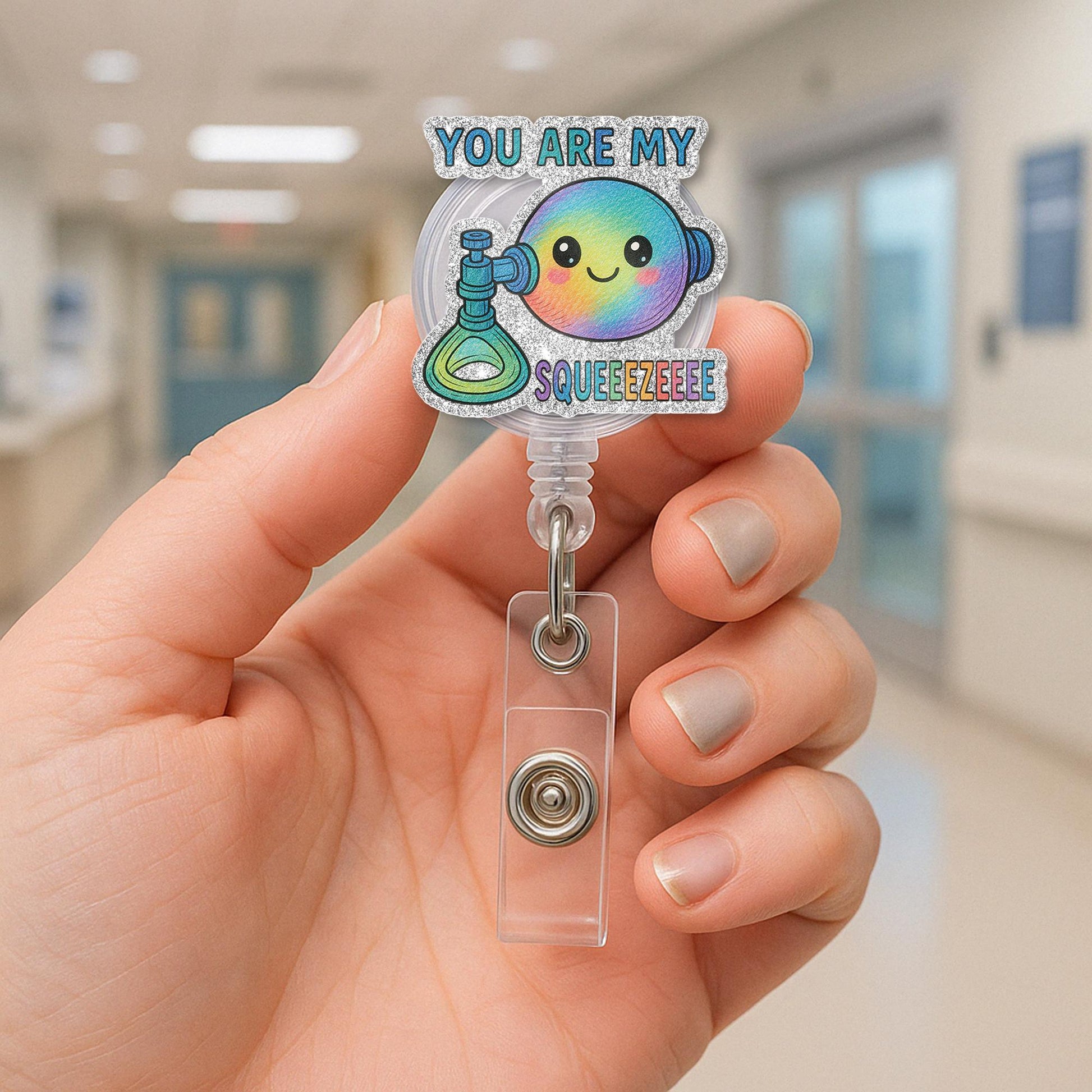 Cute BVM Badge Reel, Funny Respiratory Badge Holder, You Are My Squeeze, RT Gift, Rainbow Medical Badge Reel, Glitter ID Clip