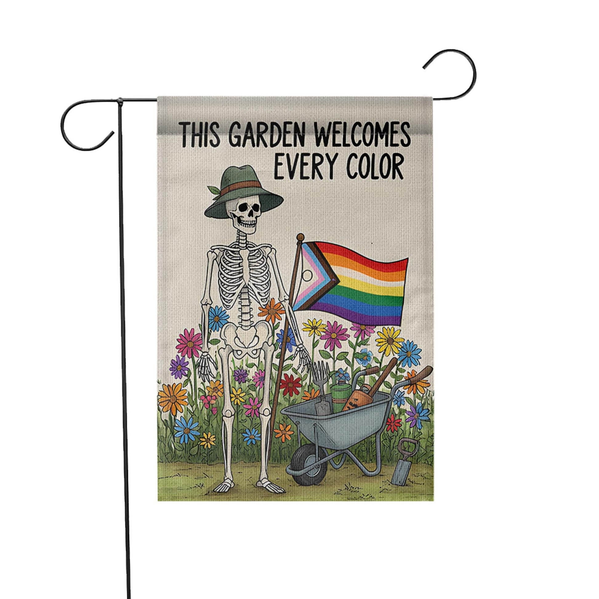 LGBTQ Skeleton Garden Flag, Pride Garden Decor, Inclusive Outdoor Flag, Funny Halloween Yard Flag, Rainbow Flower Garden Banner