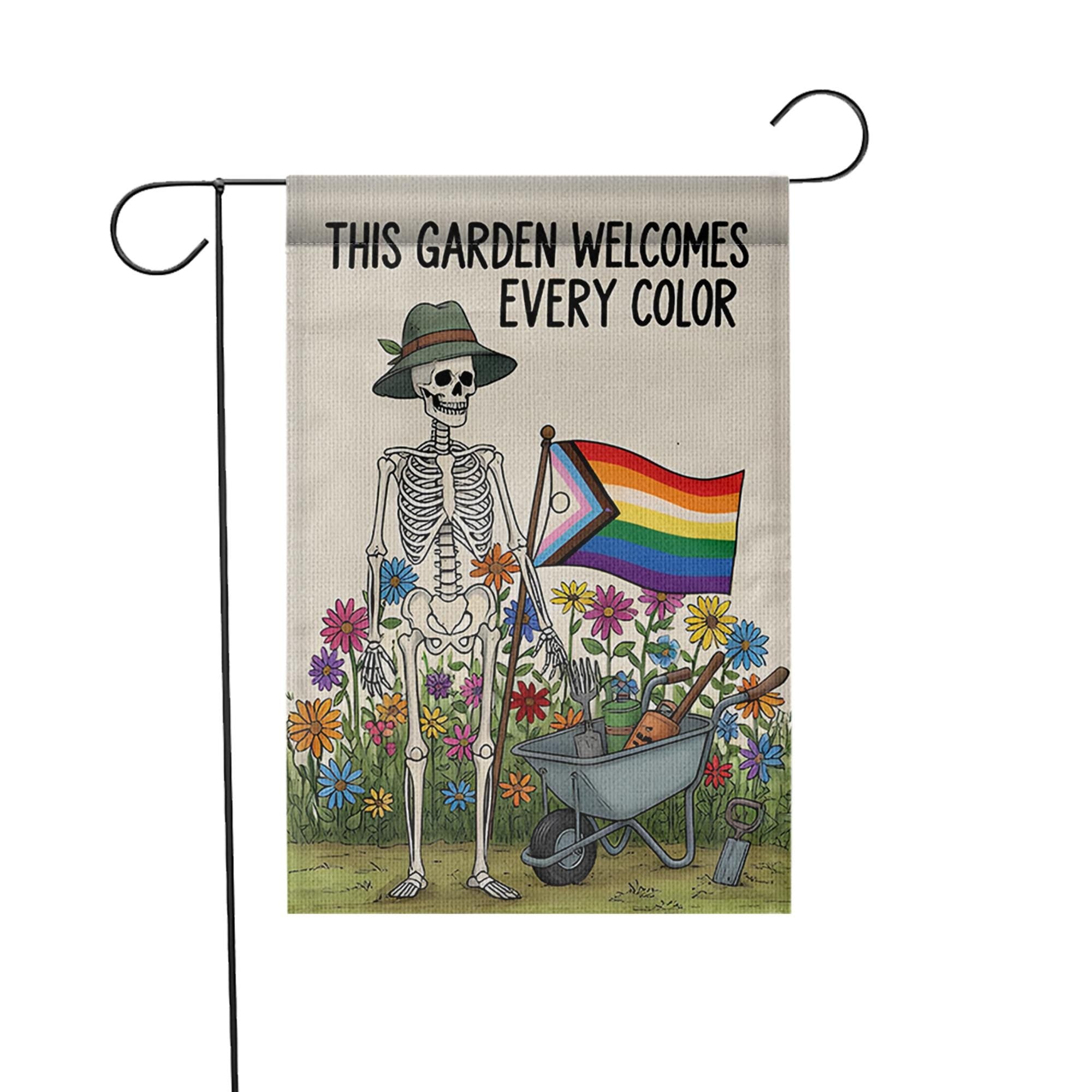 LGBTQ Skeleton Garden Flag, Pride Garden Decor, Inclusive Outdoor Flag, Funny Halloween Yard Flag, Rainbow Flower Garden Banner