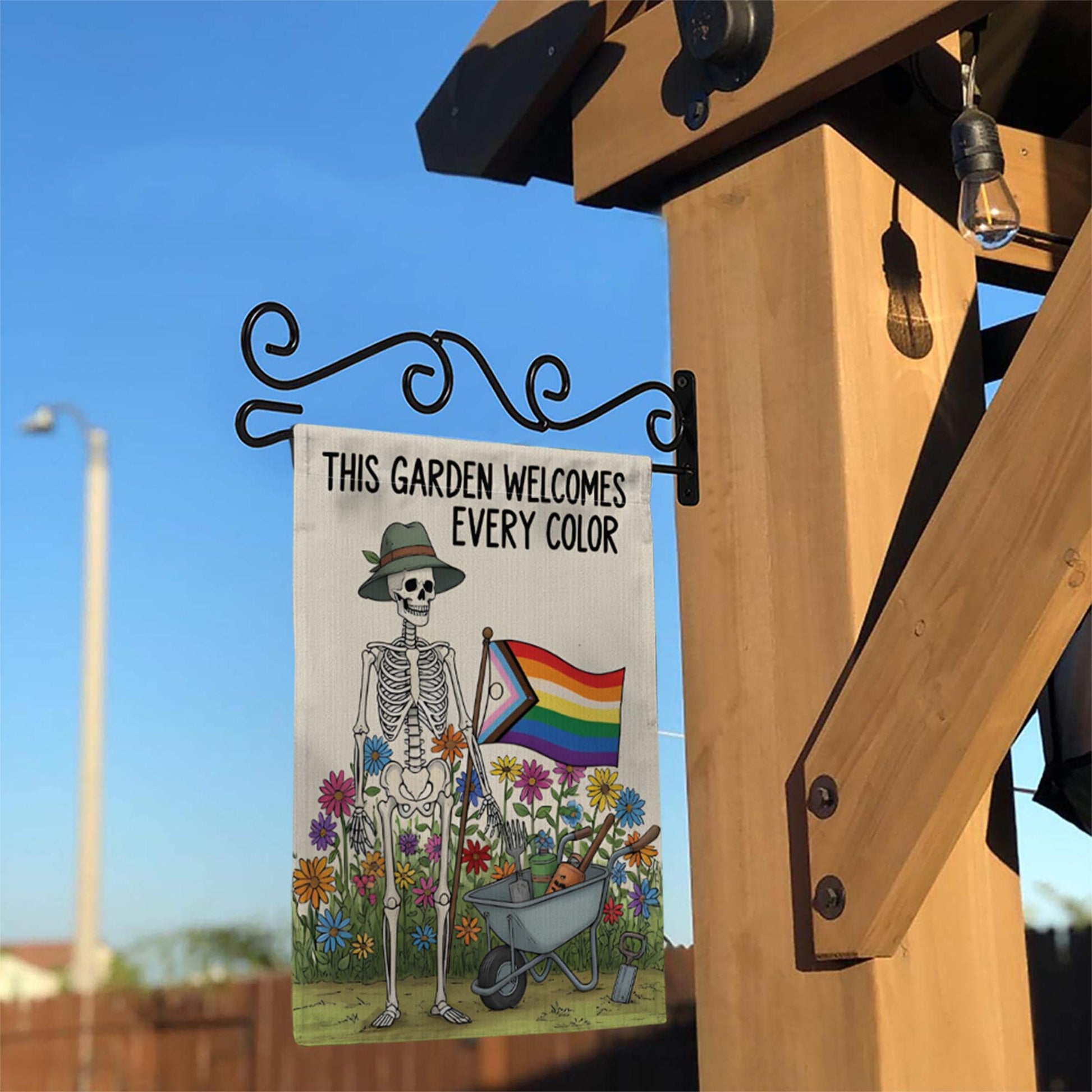 LGBTQ Skeleton Garden Flag, Pride Garden Decor, Inclusive Outdoor Flag, Funny Halloween Yard Flag, Rainbow Flower Garden Banner