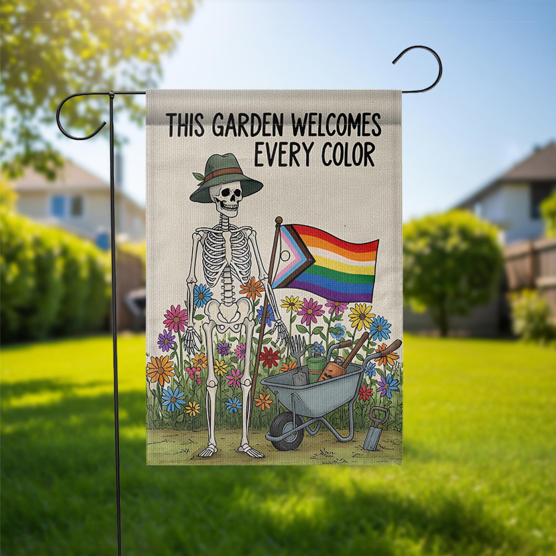 LGBTQ Skeleton Garden Flag, Pride Garden Decor, Inclusive Outdoor Flag, Funny Halloween Yard Flag, Rainbow Flower Garden Banner