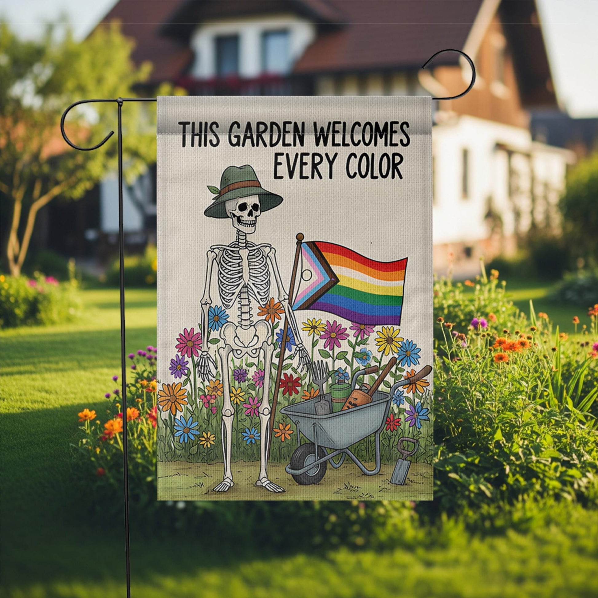 LGBTQ Skeleton Garden Flag, Pride Garden Decor, Inclusive Outdoor Flag, Funny Halloween Yard Flag, Rainbow Flower Garden Banner