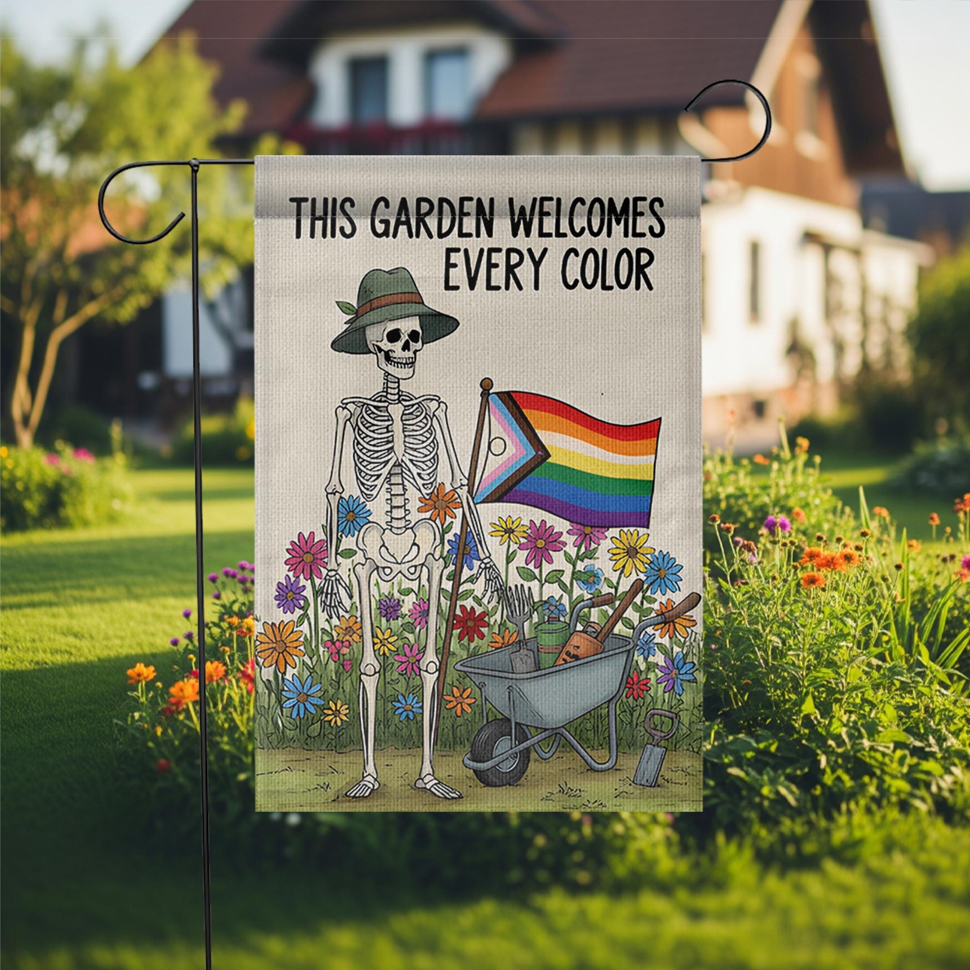 LGBTQ Skeleton Garden Flag, Pride Garden Decor, Inclusive Outdoor Flag, Funny Halloween Yard Flag, Rainbow Flower Garden Banner