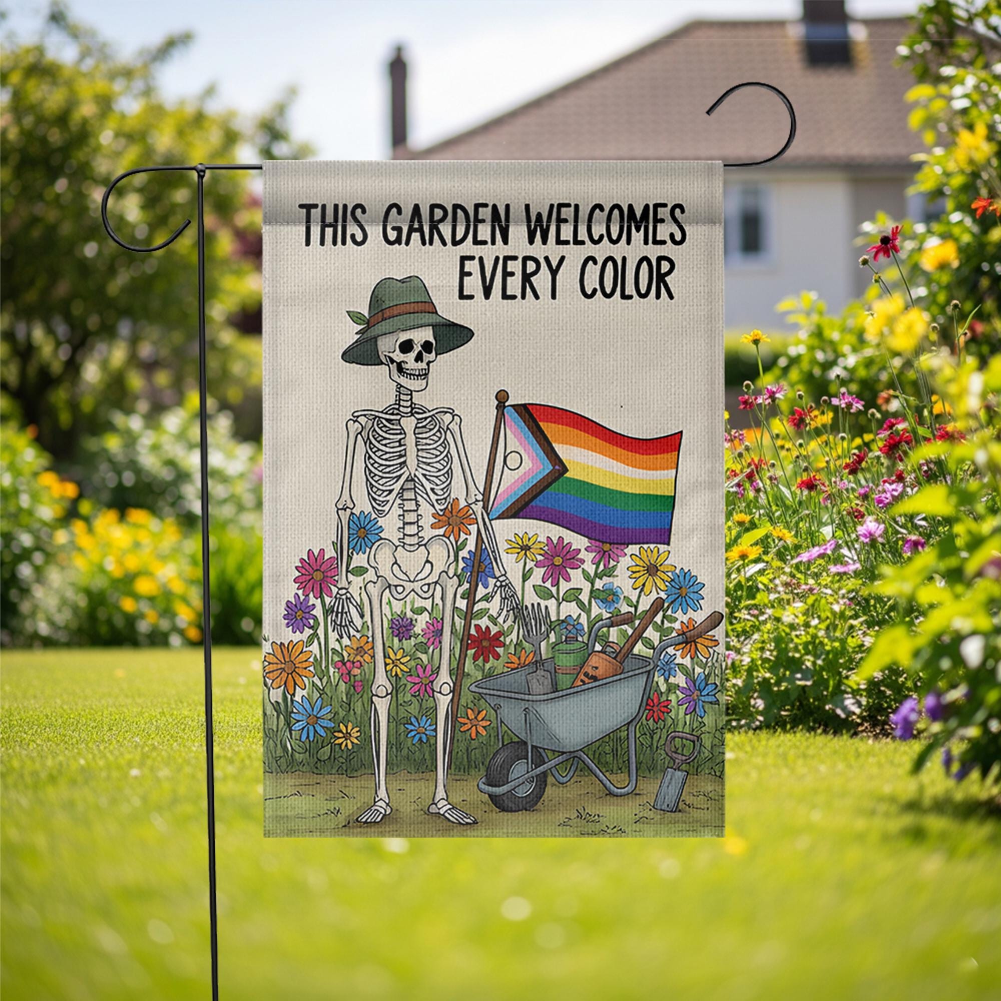 LGBTQ Skeleton Garden Flag, Pride Garden Decor, Inclusive Outdoor Flag, Funny Halloween Yard Flag, Rainbow Flower Garden Banner