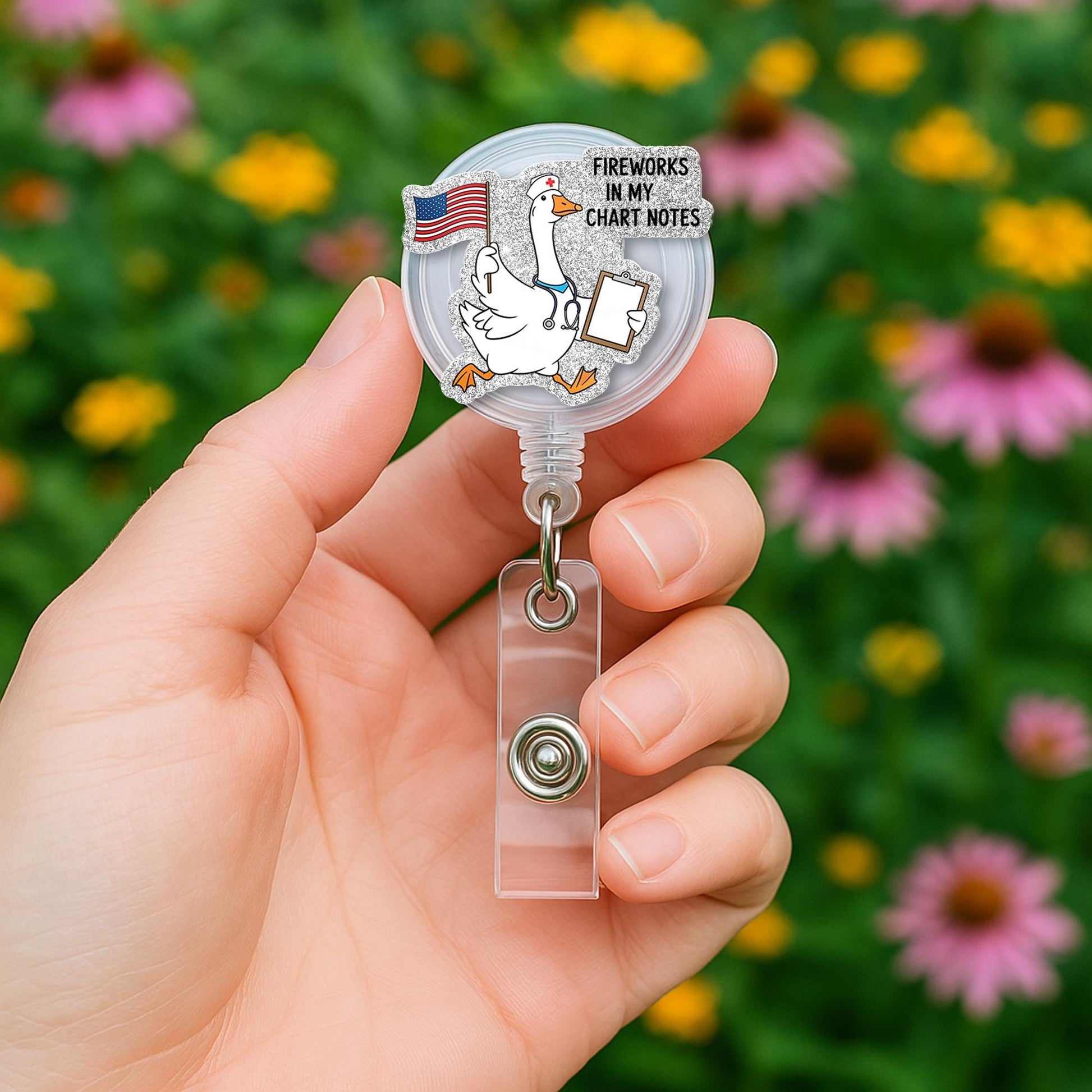 Funny Nurse Goose FAUX Glitter Badge Reel, Fireworks in My Chart Notes ID Clip, 4th of July RN Badge, Patriotic Medical Badge Holder Gift