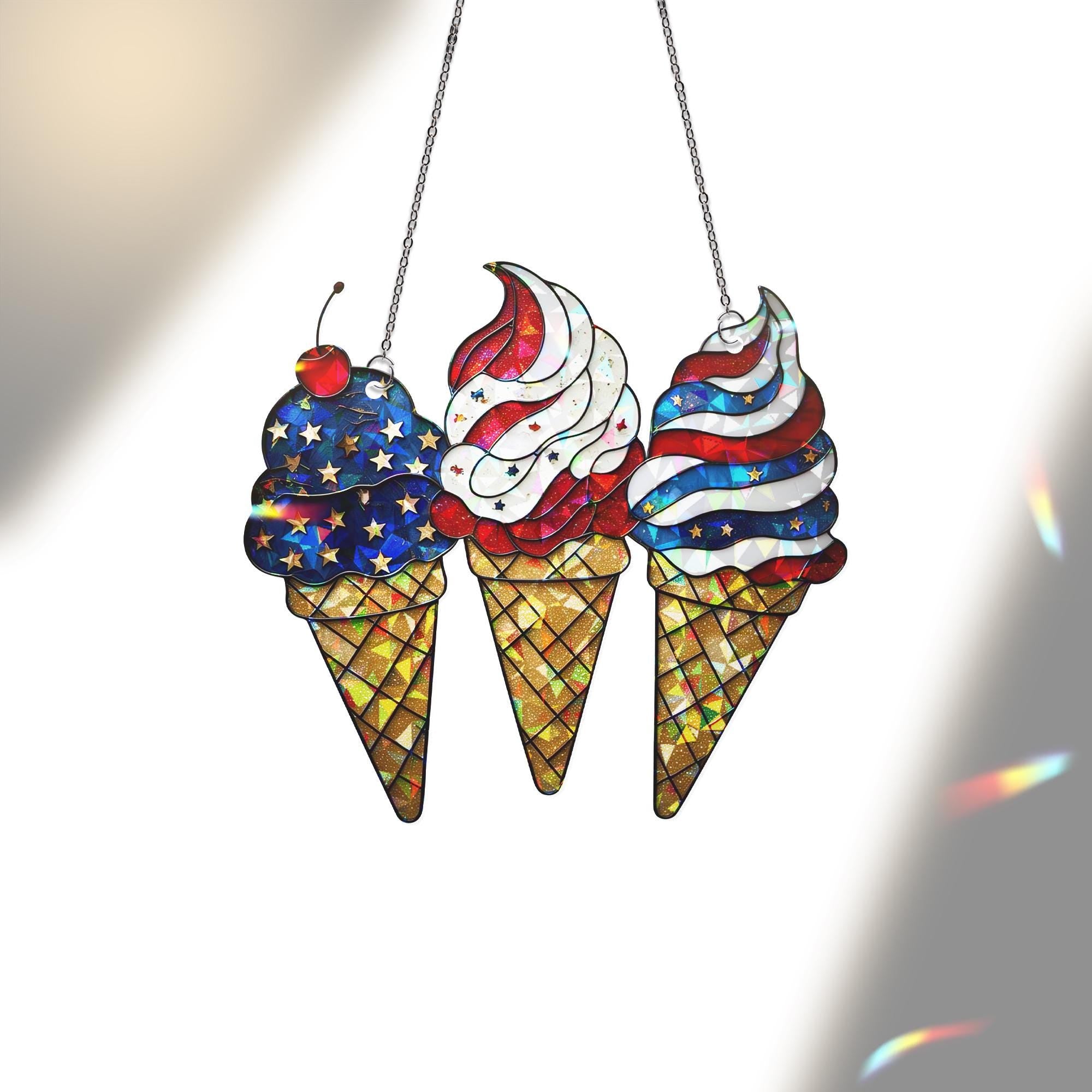 Patriotic Ice Cream Window Hanging – Holographic Acrylic Sun Catcher – 4th of July USA Suncatcher Decor for Kitchen or Porch
