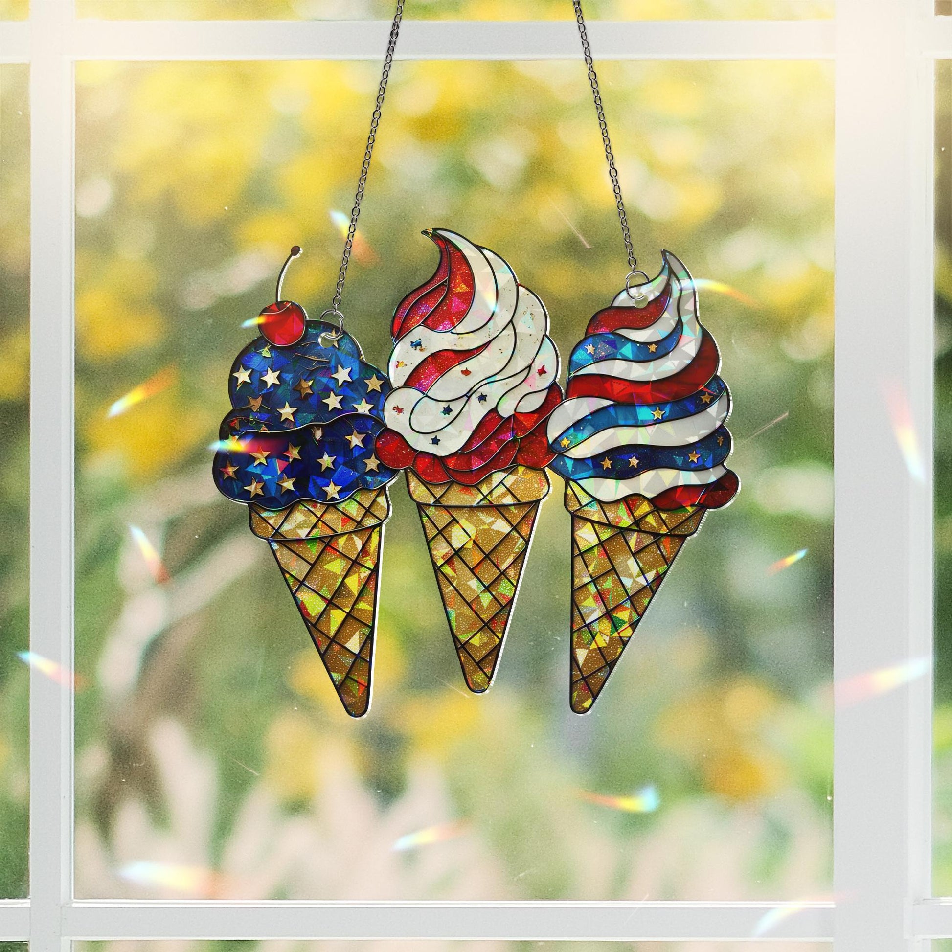 Patriotic Ice Cream Window Hanging – Holographic Acrylic Sun Catcher – 4th of July USA Suncatcher Decor for Kitchen or Porch
