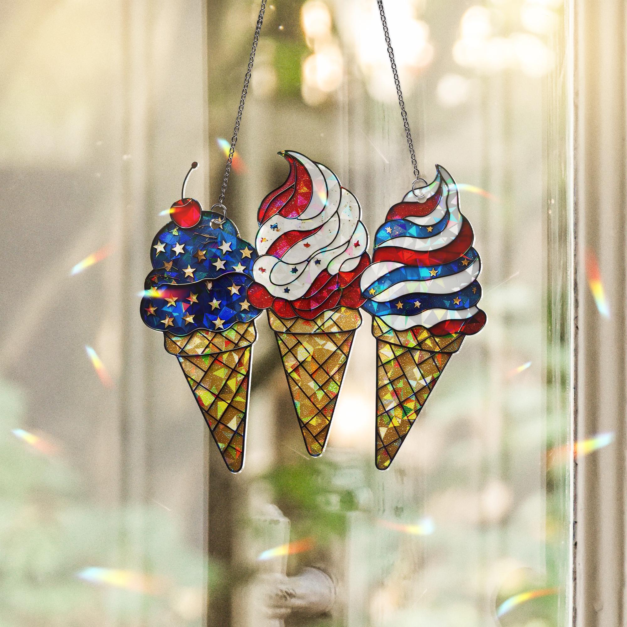 Patriotic Ice Cream Window Hanging – Holographic Acrylic Sun Catcher – 4th of July USA Suncatcher Decor for Kitchen or Porch