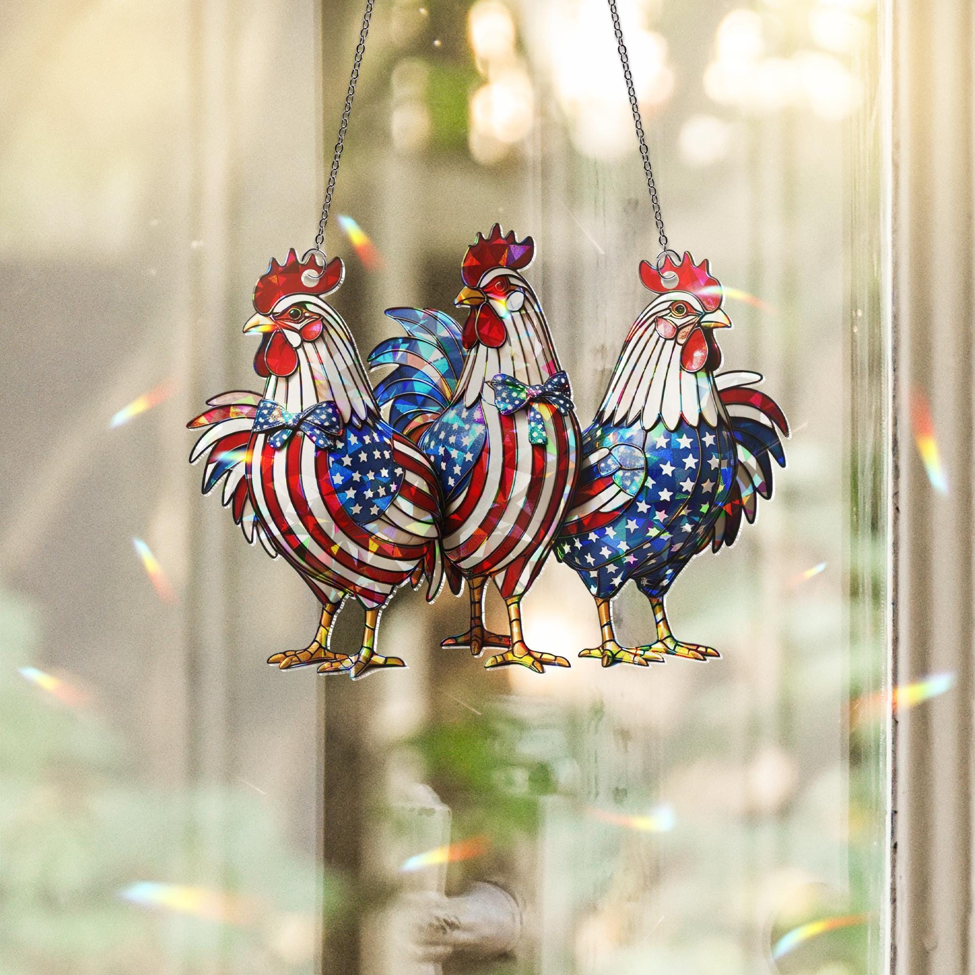 Patriotic Rooster Window Hanging – Holographic Acrylic Chicken Suncatcher – Red White Blue Farmhouse Decor for 4th of July or Kitchen