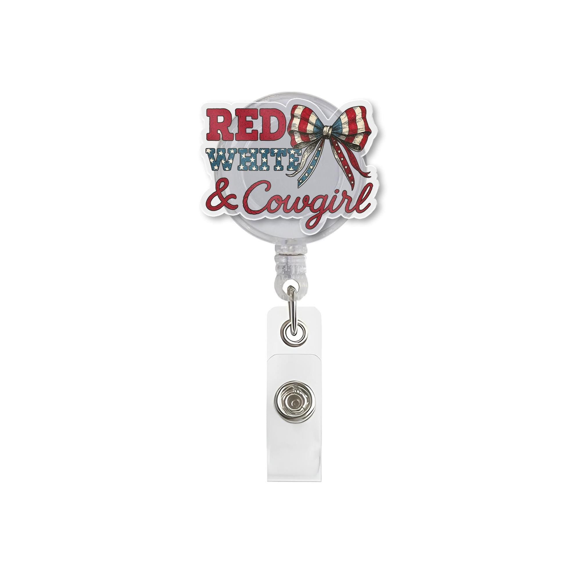 Red White & Cowgirl Badge Reel – Patriotic Western ID Holder – Cute Retractable Cowgirl Work Accessory for Nurses, Teachers, Rodeo Fans