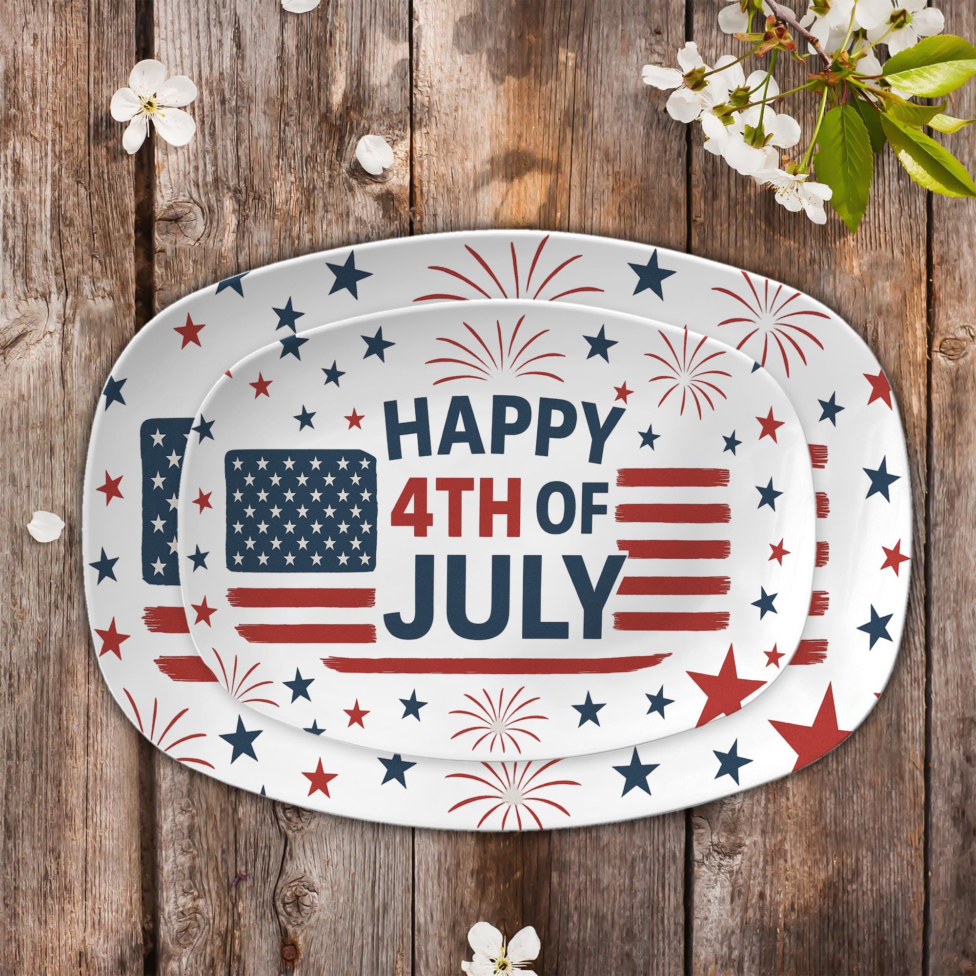 Happy 4th of July Platter – Patriotic Stars & Stripes Serving Tray – Red White Blue BBQ Party Plate for Independence Day Decor