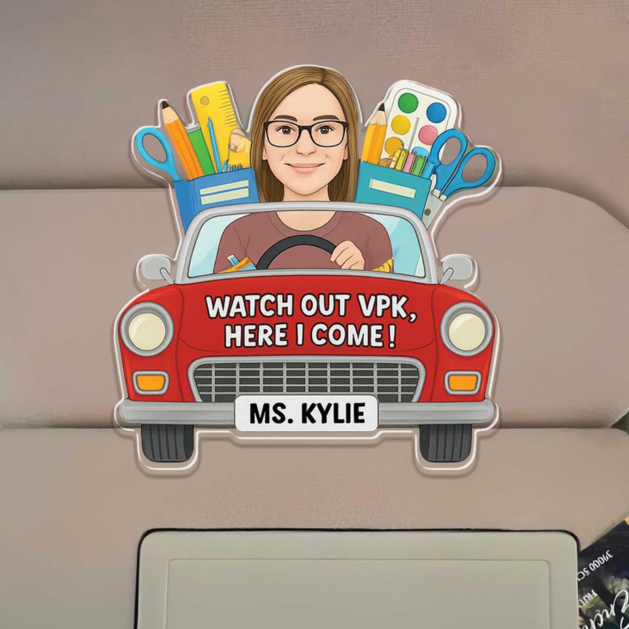 Personalized Teacher Car Visor Clip, Custom VPK Teacher Gift for Her, Cute Car Accessory, First Day of School Cartoon Portrait