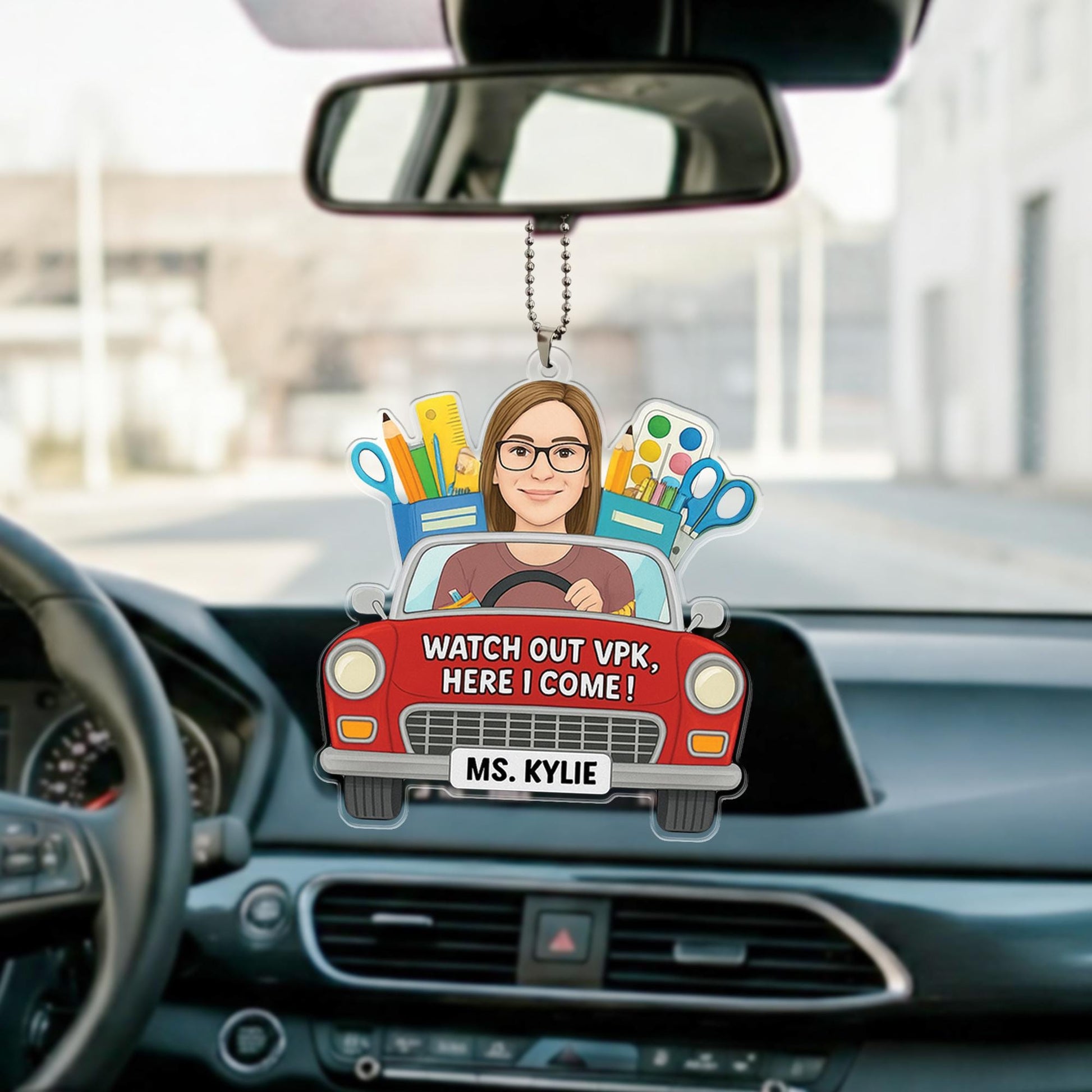 Personalized Teacher Car Visor Clip, Custom VPK Teacher Gift for Her, Cute Car Accessory, First Day of School Cartoon Portrait
