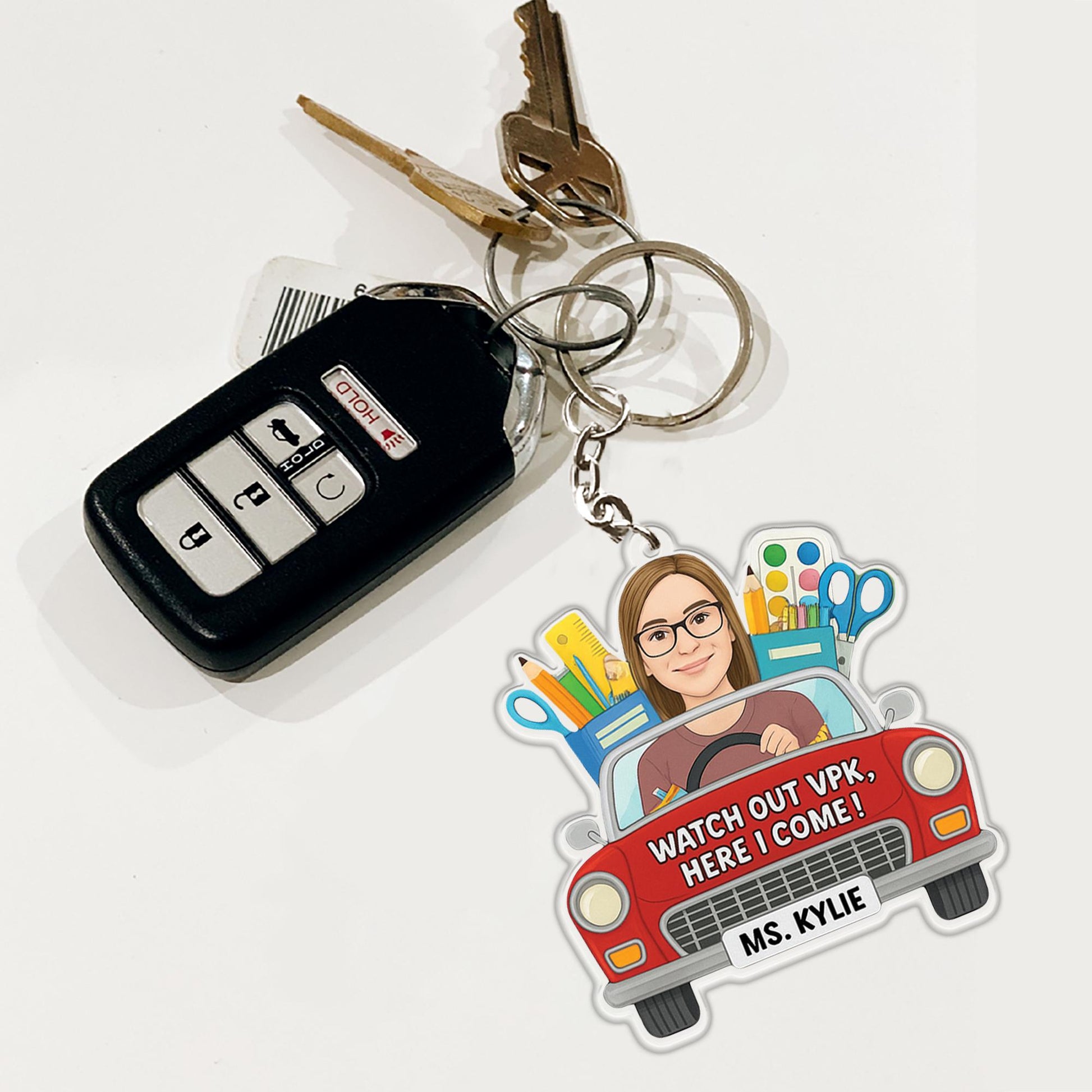 Personalized Teacher Car Visor Clip, Custom VPK Teacher Gift for Her, Cute Car Accessory, First Day of School Cartoon Portrait