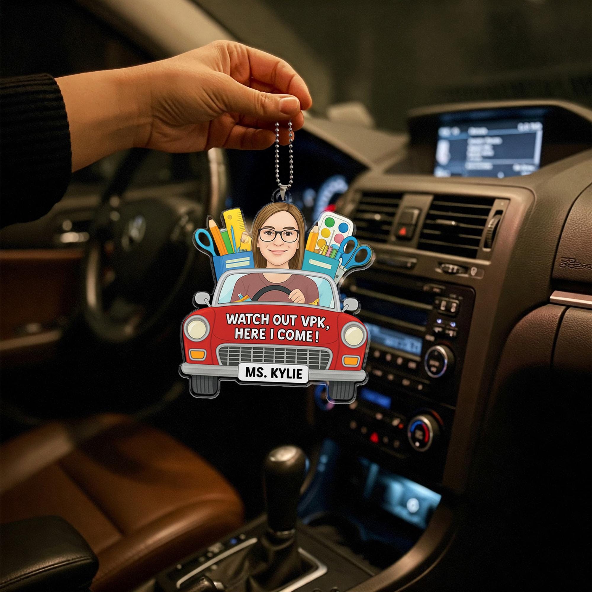 Personalized Teacher Car Visor Clip, Custom VPK Teacher Gift for Her, Cute Car Accessory, First Day of School Cartoon Portrait