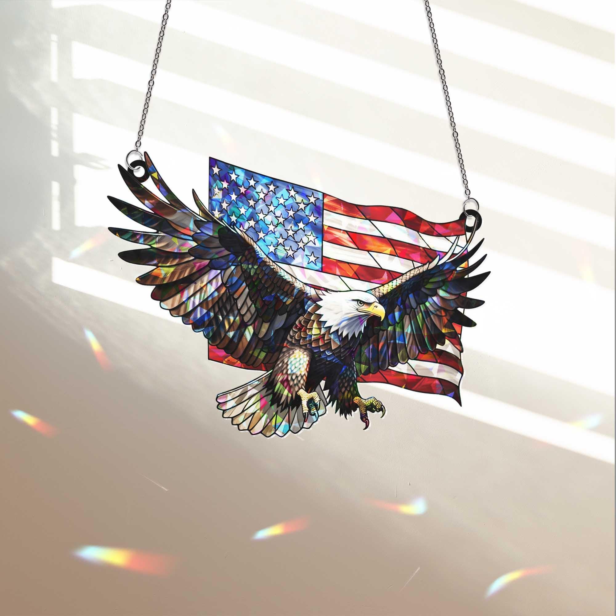 Patriotic Bald Eagle Window Hanging – American Flag Suncatcher, 4th of July Decor, Freedom Eagle Wall Window Art Gift