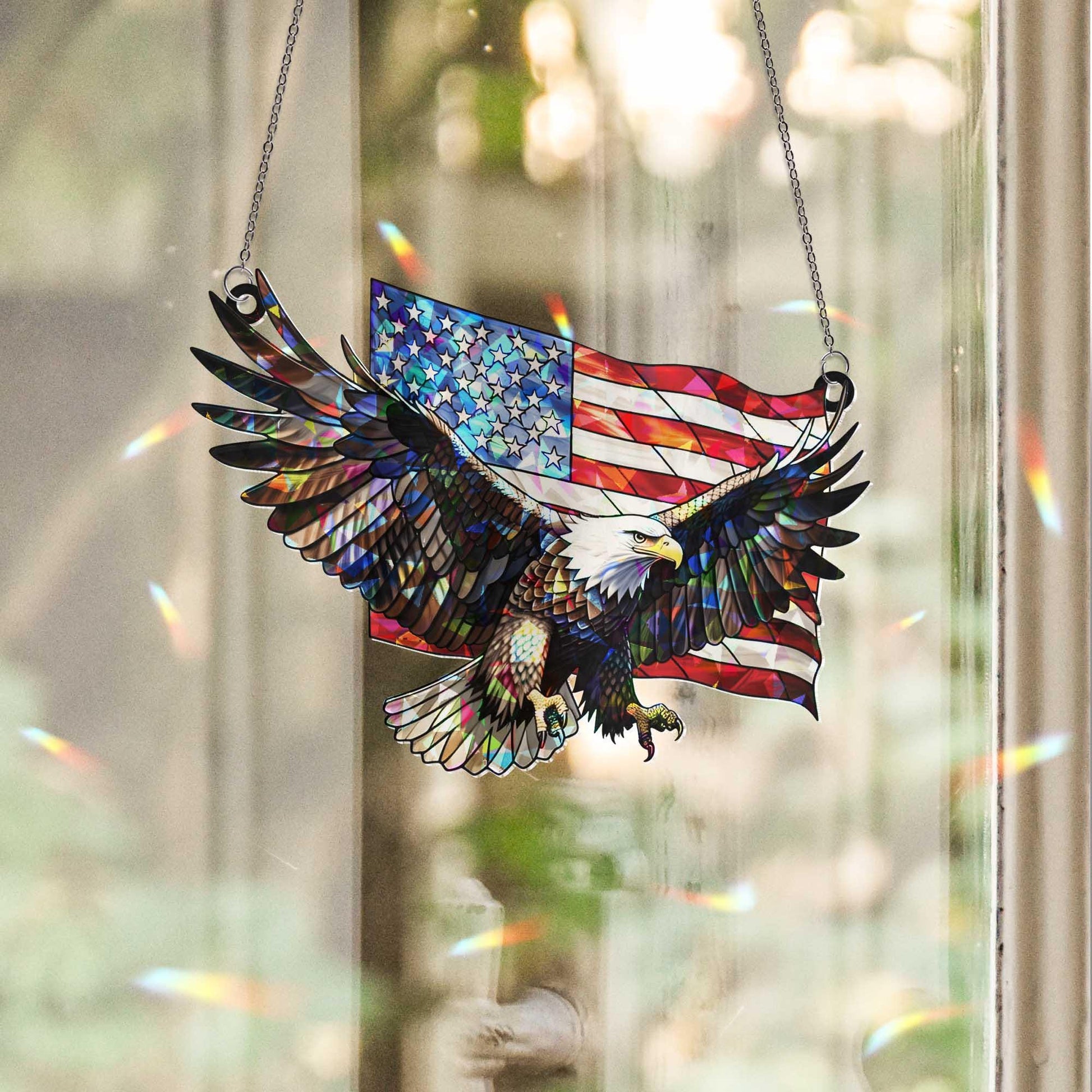 Patriotic Bald Eagle Window Hanging – American Flag Suncatcher, 4th of July Decor, Freedom Eagle Wall Window Art Gift