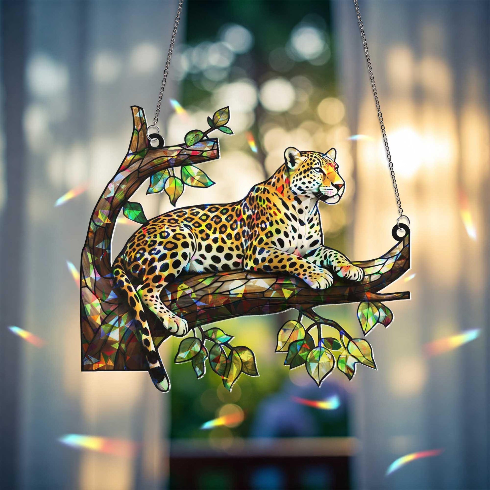 Leopard Jungle Window Hanging – Acrylic Animal Suncatcher, Big Cat Tree Decor, Nature Lover Gift, Wildlife Home Window Art