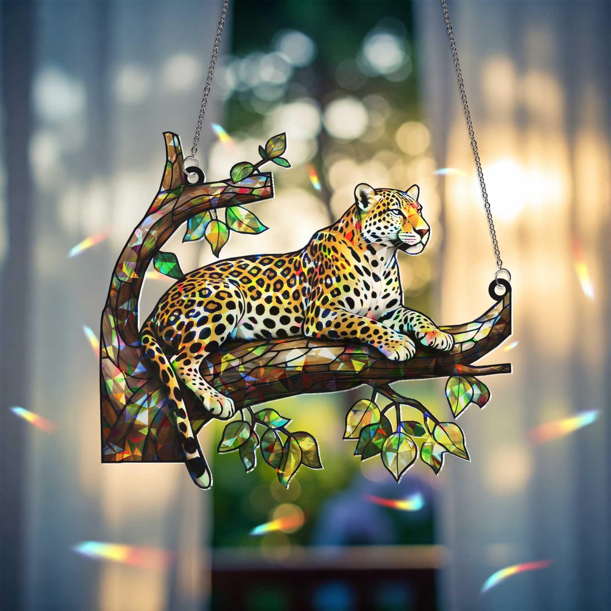 Leopard Jungle Window Hanging – Acrylic Animal Suncatcher, Big Cat Tree Decor, Nature Lover Gift, Wildlife Home Window Art