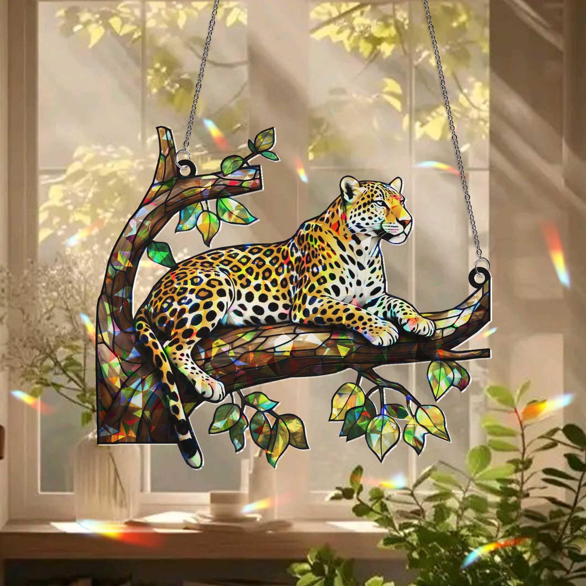 Leopard Jungle Window Hanging – Acrylic Animal Suncatcher, Big Cat Tree Decor, Nature Lover Gift, Wildlife Home Window Art