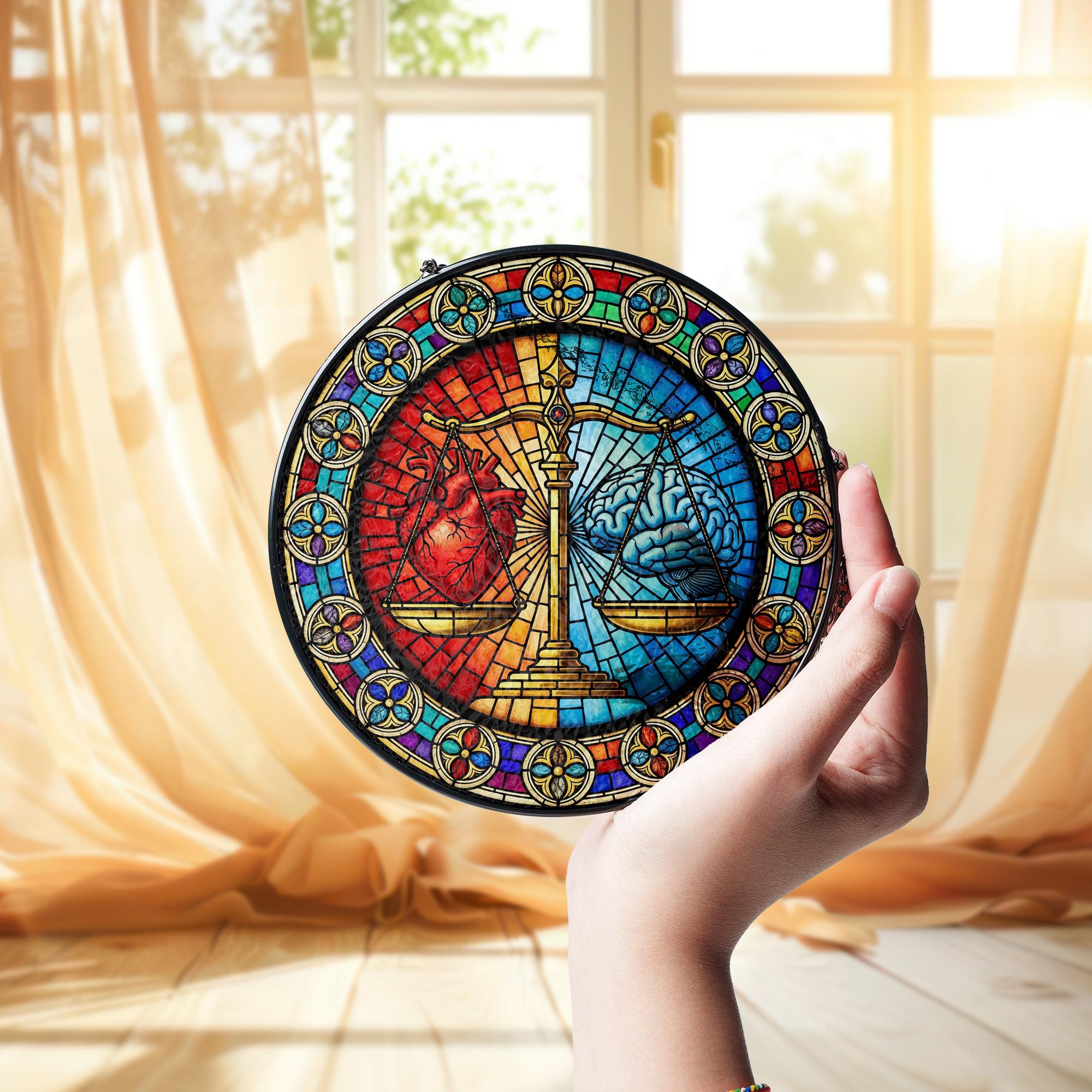 Scale of Justice Glass Suncatcher – Heart vs. Brain Glass Art – Law Office Decor, Gift for Lawyers or Psychology Lovers