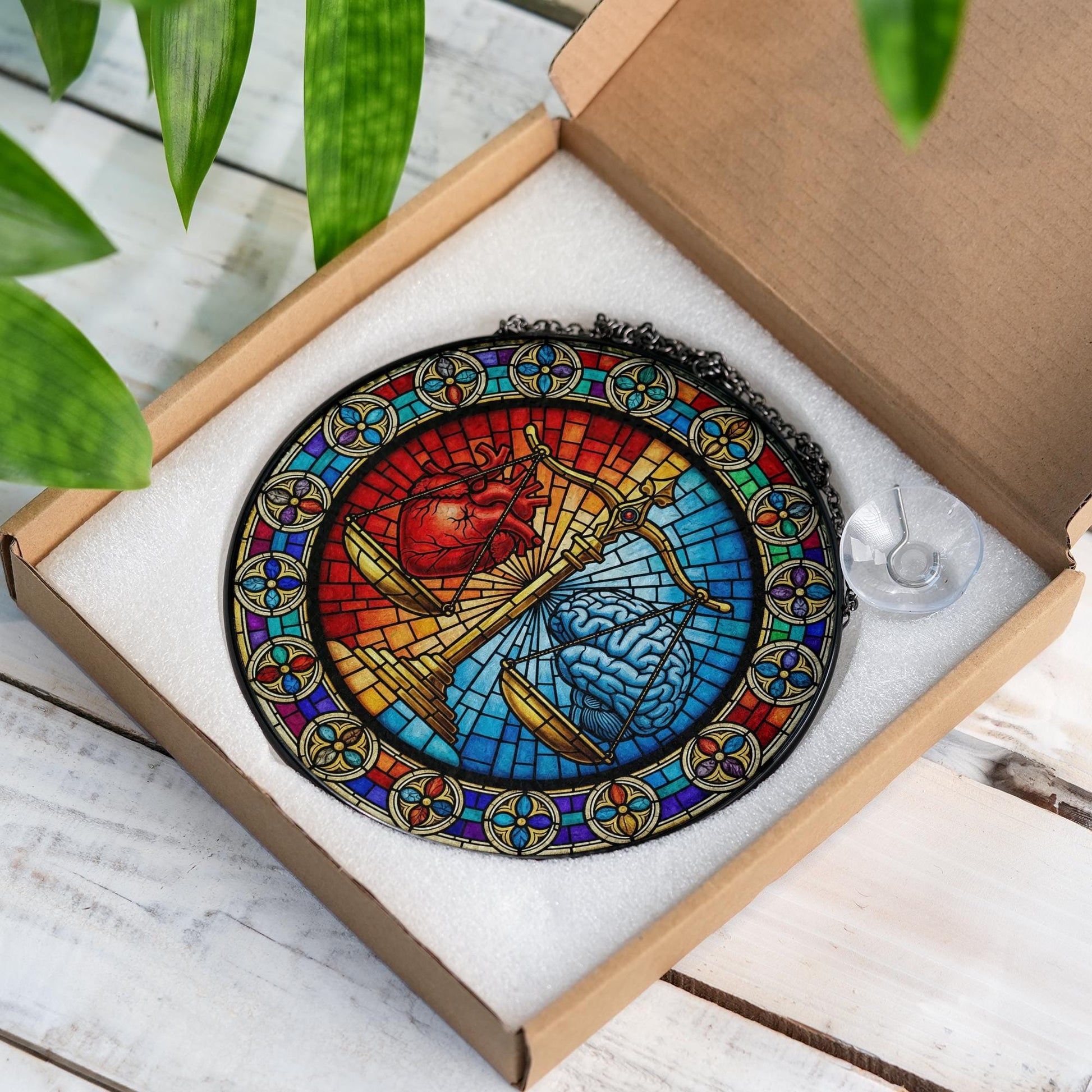 Scale of Justice Glass Suncatcher – Heart vs. Brain Glass Art – Law Office Decor, Gift for Lawyers or Psychology Lovers
