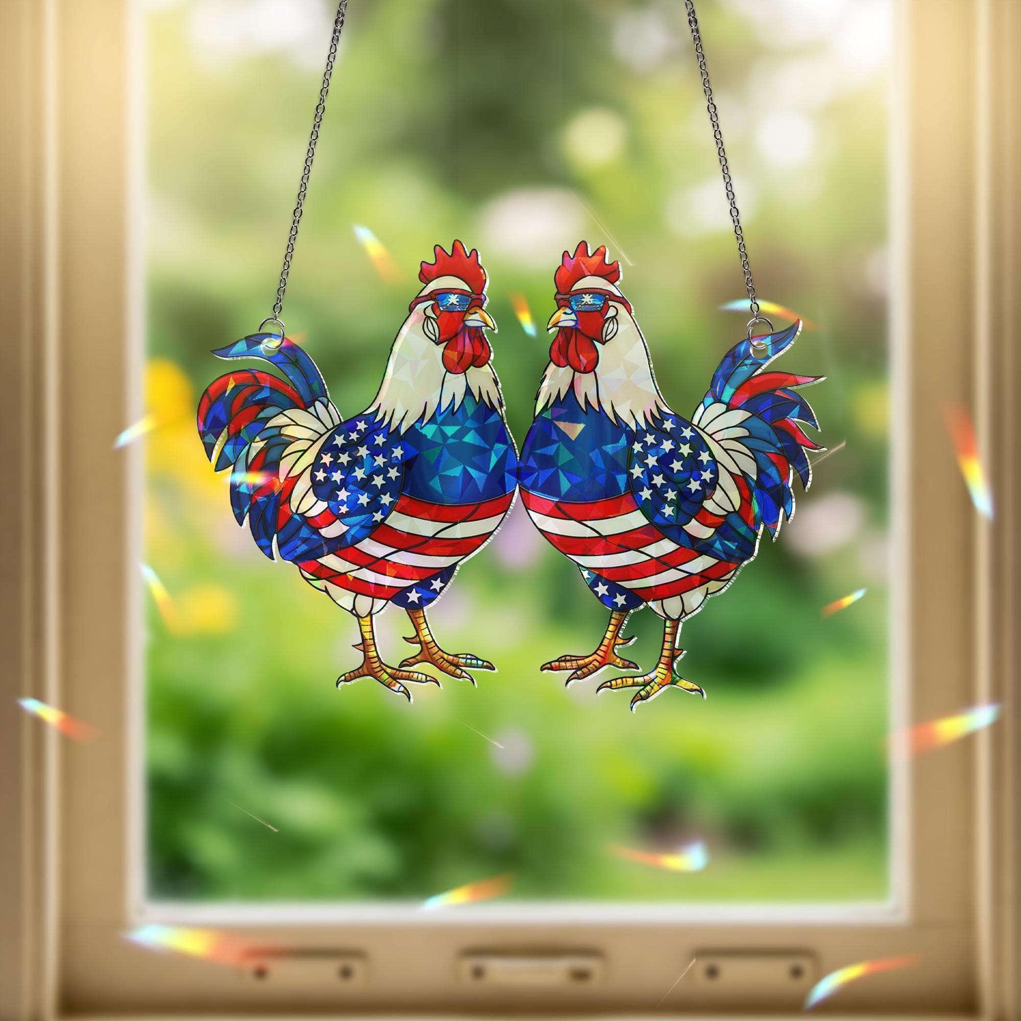 Patriotic Rooster Suncatcher – Holographic Acrylic USA Flag Chicken Decor – 4th of July Window Art or Country Gift