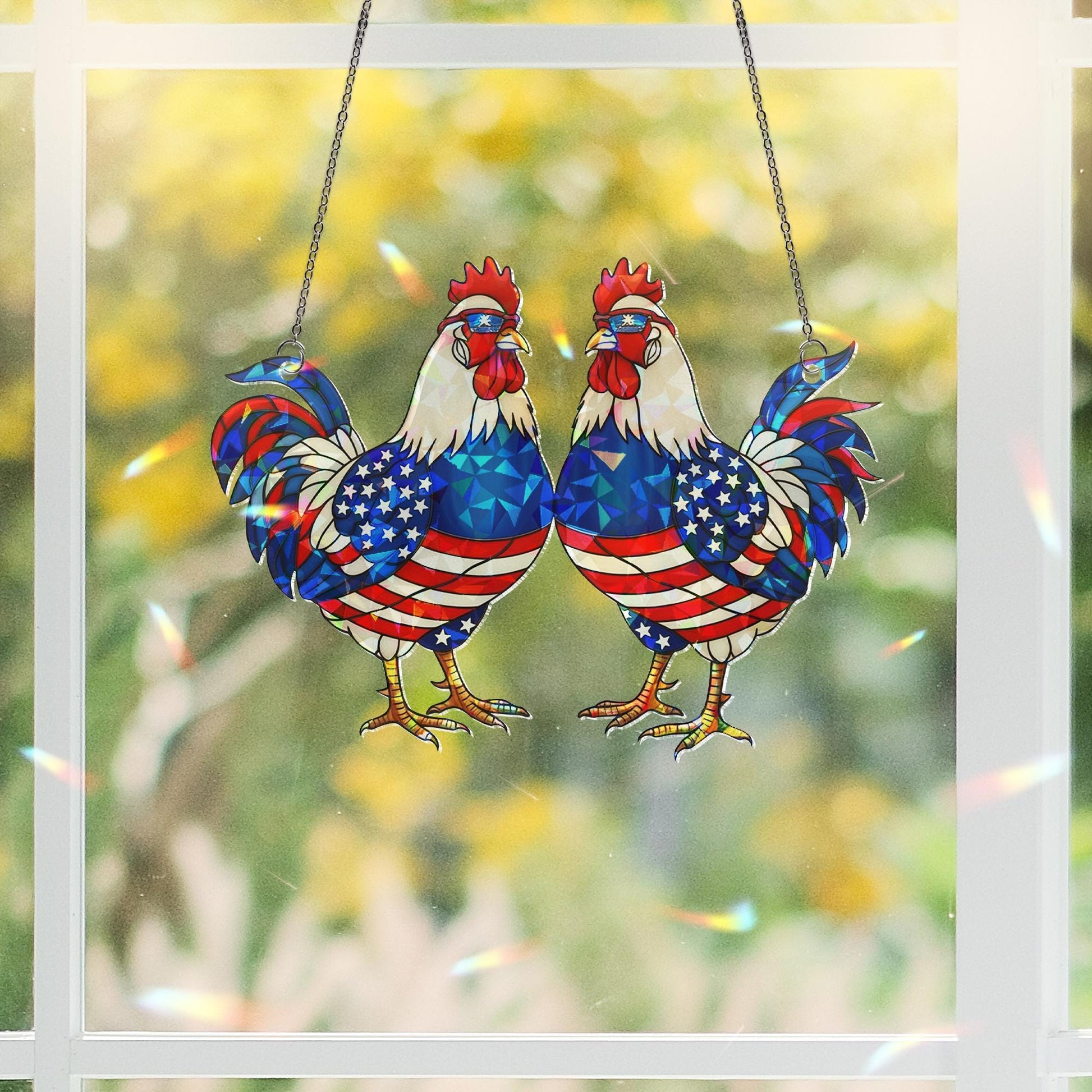 Patriotic Rooster Suncatcher – Holographic Acrylic USA Flag Chicken Decor – 4th of July Window Art or Country Gift