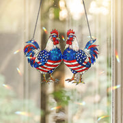 Patriotic Rooster Suncatcher – Holographic Acrylic USA Flag Chicken Decor – 4th of July Window Art or Country Gift