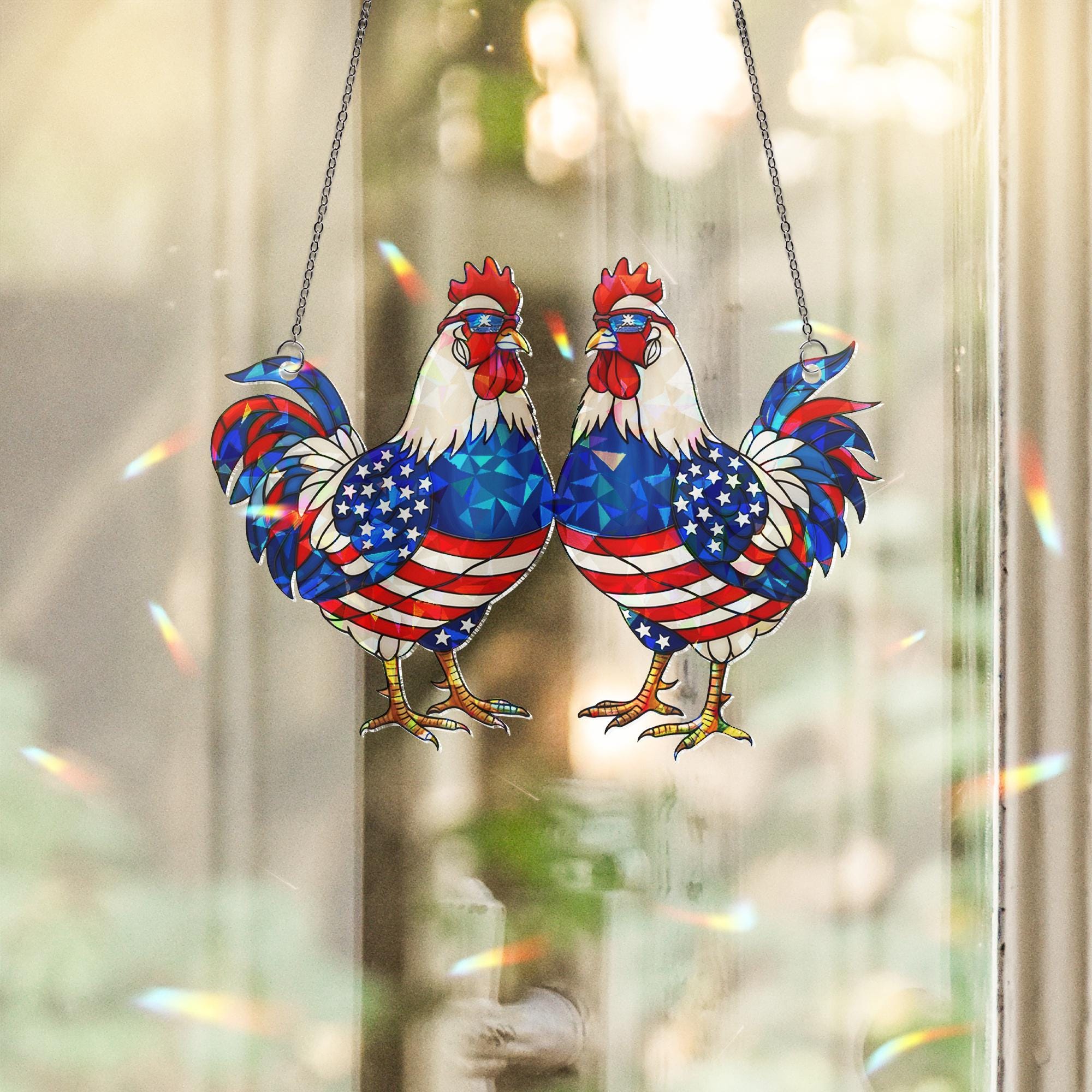 Patriotic Rooster Suncatcher – Holographic Acrylic USA Flag Chicken Decor – 4th of July Window Art or Country Gift
