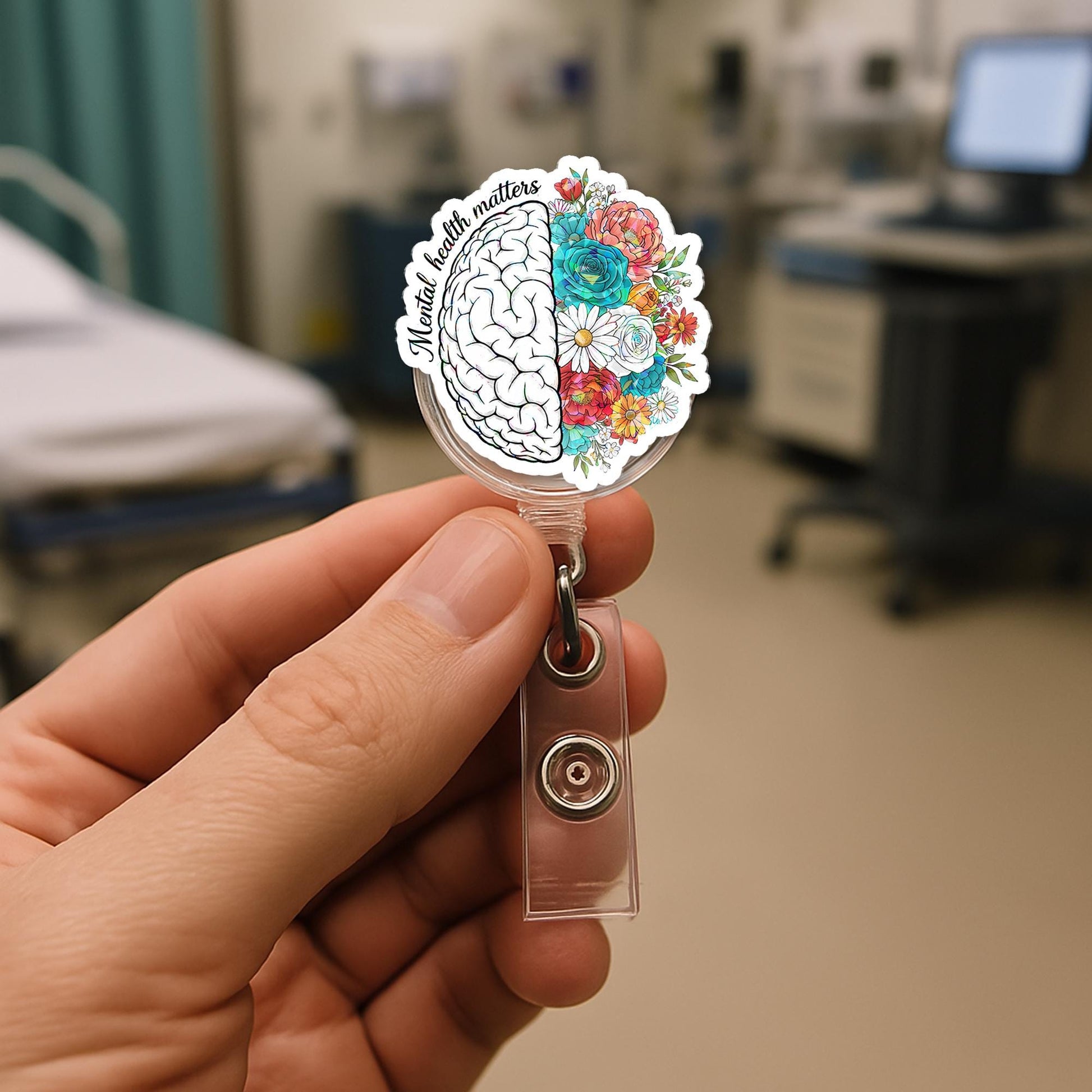 Mental Health Matters Badge Reel – Floral Brain Retractable ID Holder – Cute Nurse, Therapist, Teacher Gift or Badge Clip