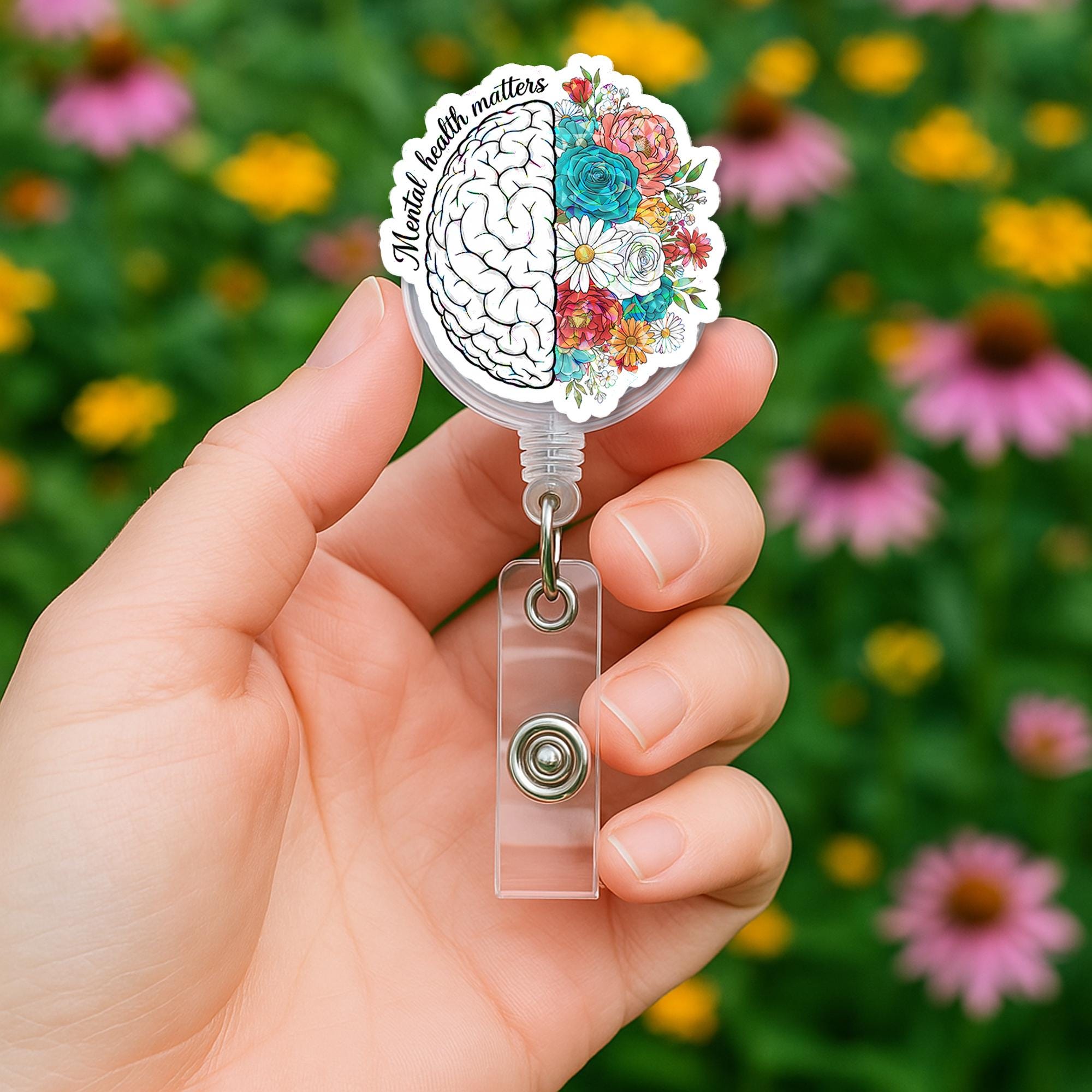 Mental Health Matters Badge Reel – Floral Brain Retractable ID Holder – Cute Nurse, Therapist, Teacher Gift or Badge Clip