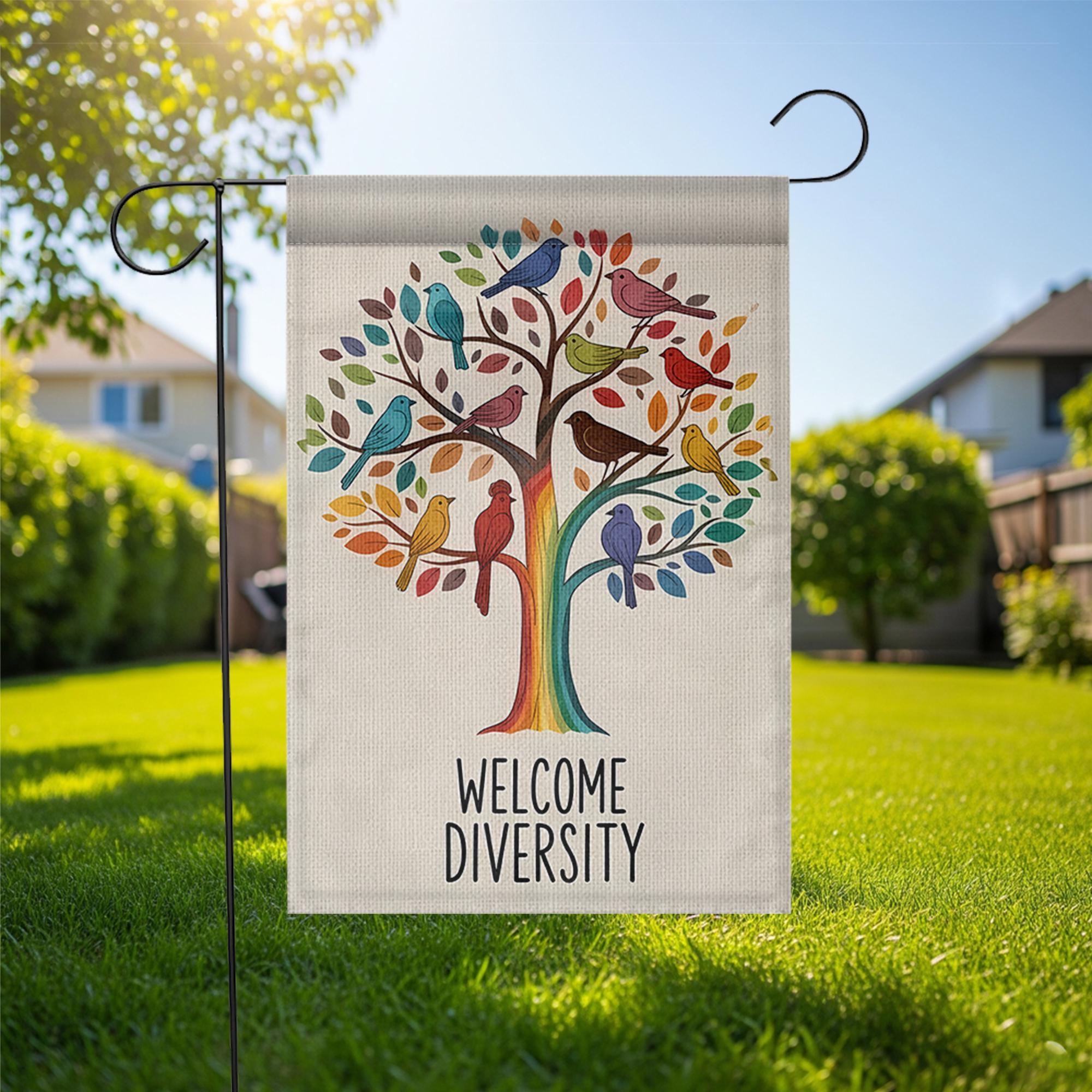 Welcome Diversity Garden Flag, Colorful Birds Yard Decor, Inclusive Outdoor Sign, Spring Pride Flag, Rainbow Tree Lawn Banner