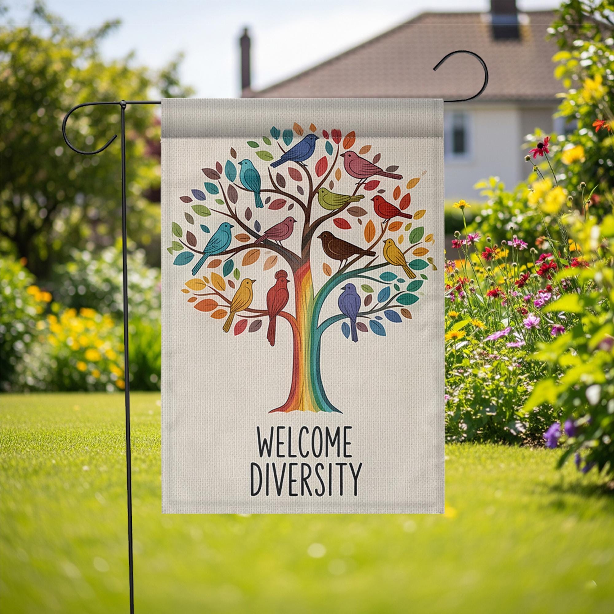 Welcome Diversity Garden Flag, Colorful Birds Yard Decor, Inclusive Outdoor Sign, Spring Pride Flag, Rainbow Tree Lawn Banner