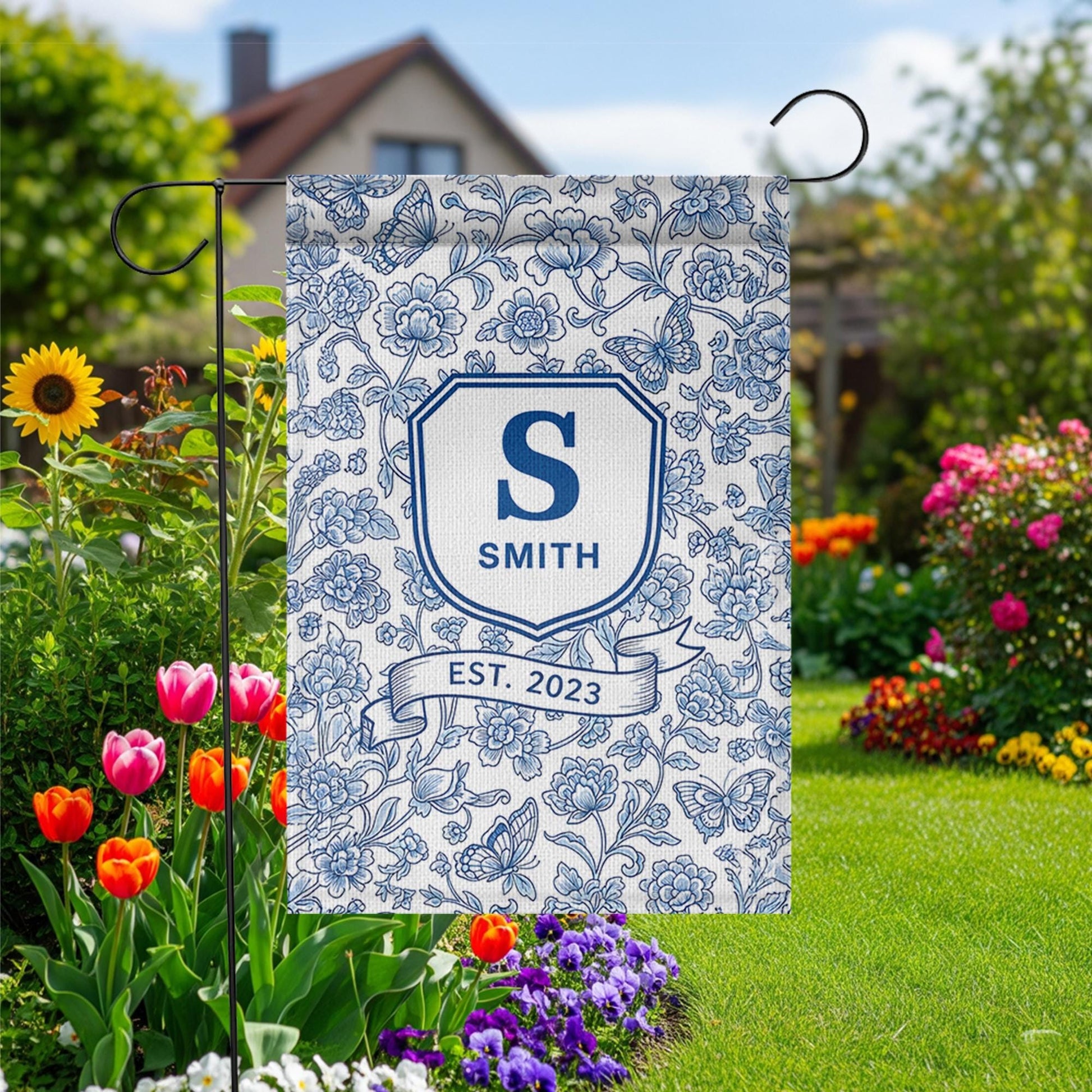 Personalized Chinoiserie Garden Flag, Family Name Yard Sign, Blue Floral Monogram Decor, Custom Outdoor Spring Flag