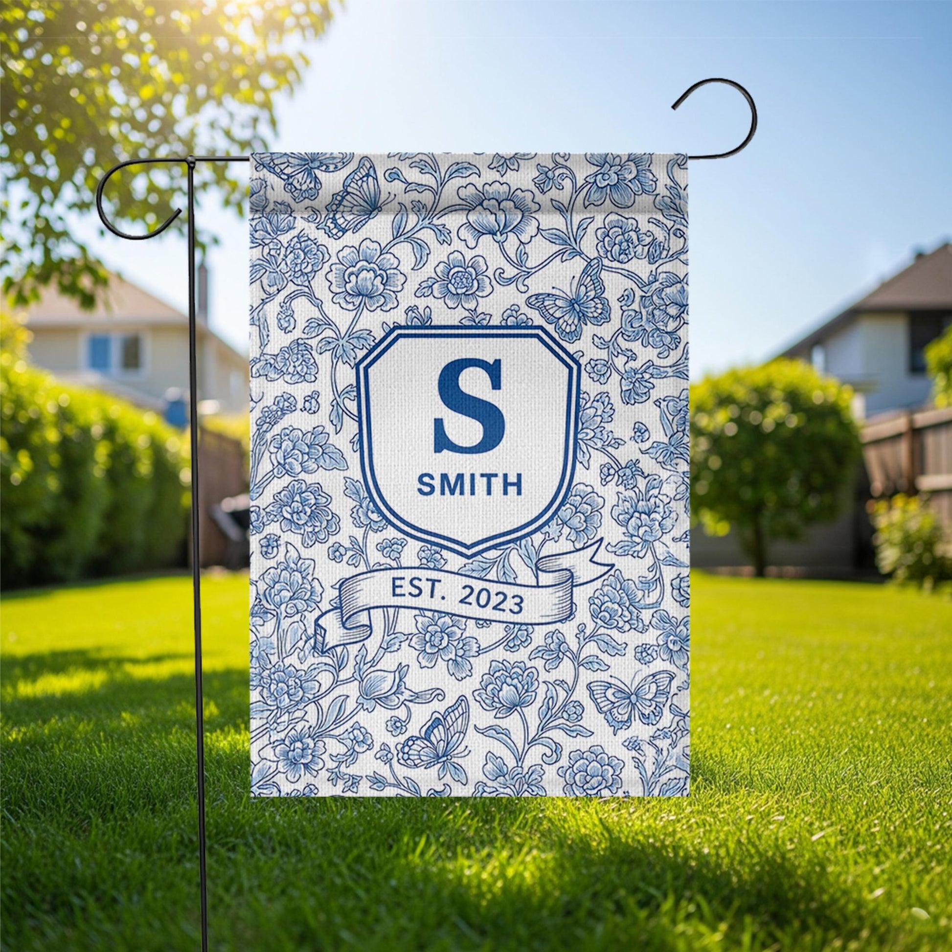 Personalized Chinoiserie Garden Flag, Family Name Yard Sign, Blue Floral Monogram Decor, Custom Outdoor Spring Flag
