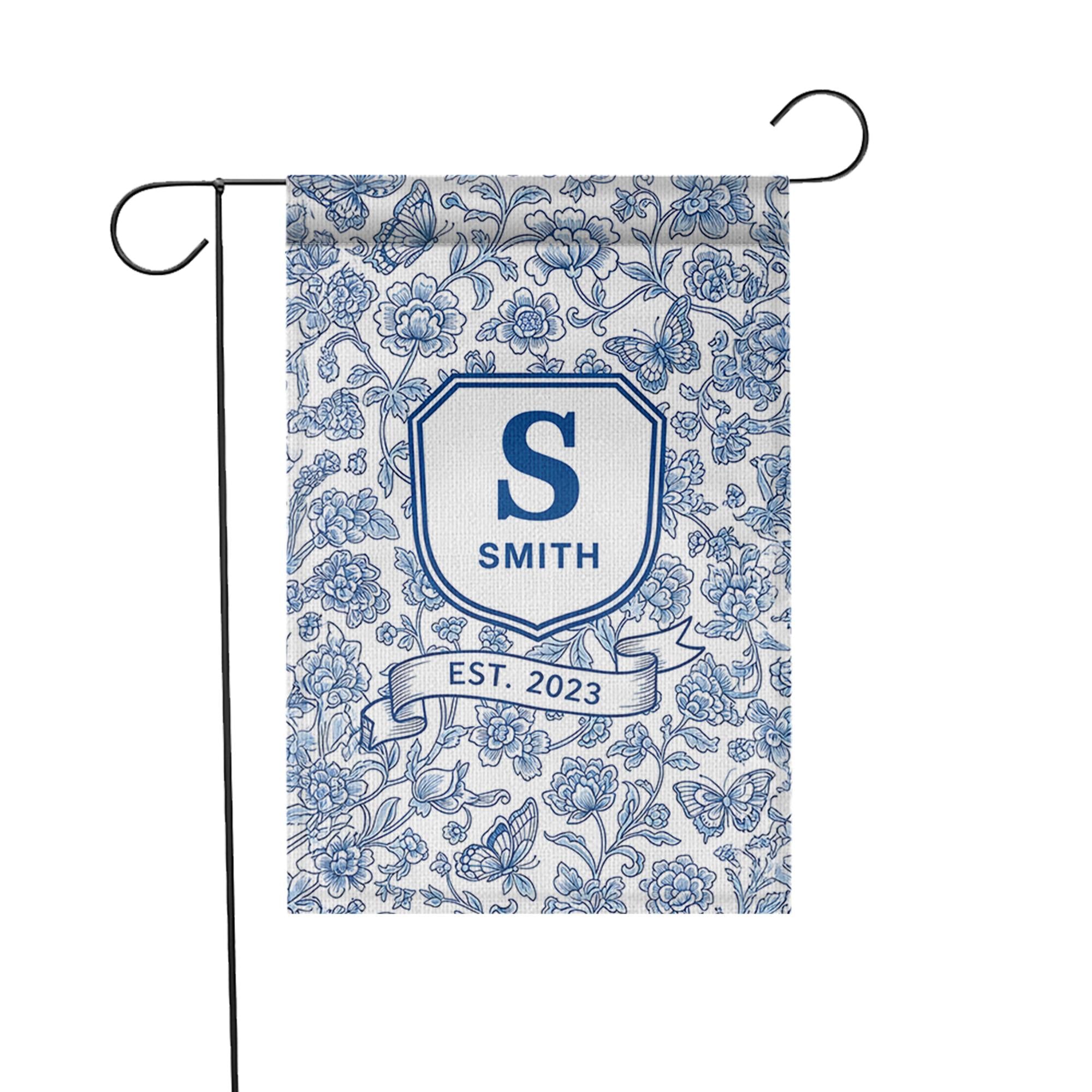 Personalized Chinoiserie Garden Flag, Family Name Yard Sign, Blue Floral Monogram Decor, Custom Outdoor Spring Flag