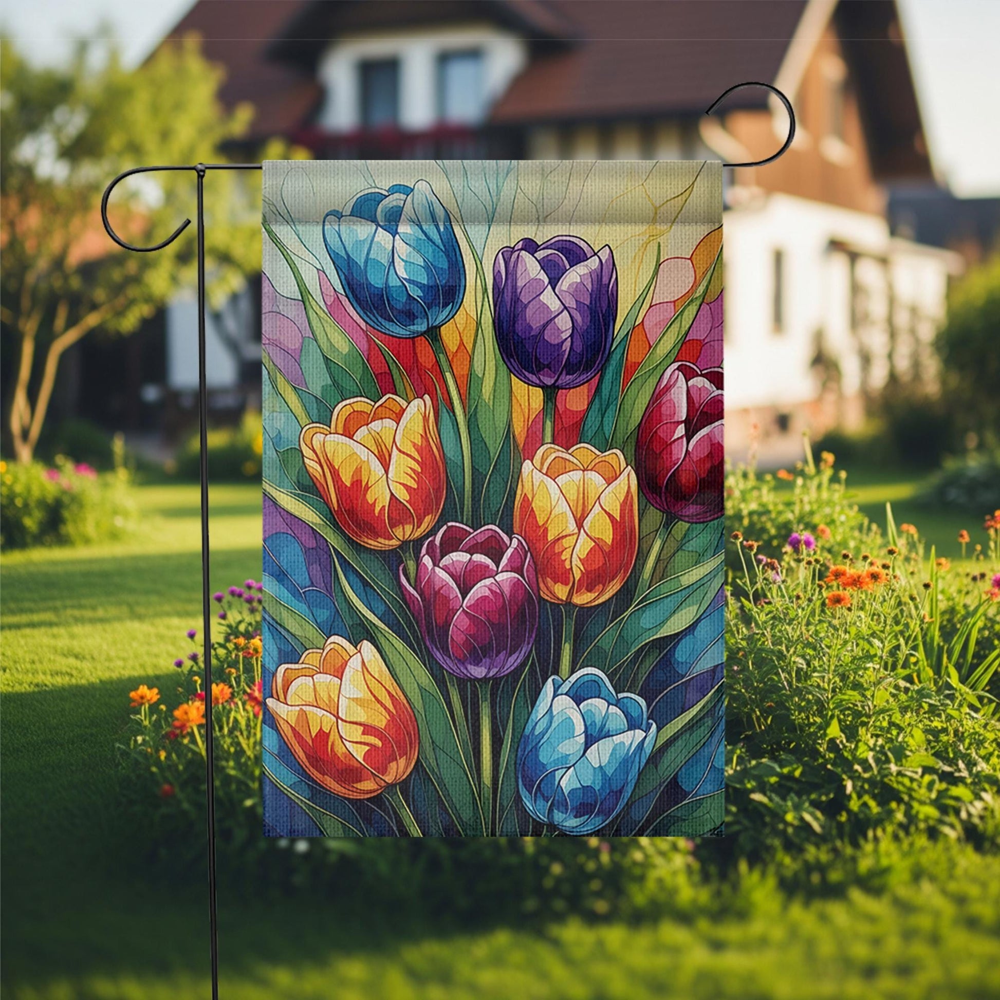 Colorful Tulip Garden Flag, Stained Glass STYLE ART Floral Yard Flag, Spring Summer Outdoor Decor, Bright Flower House Banner, Yard Art Flag