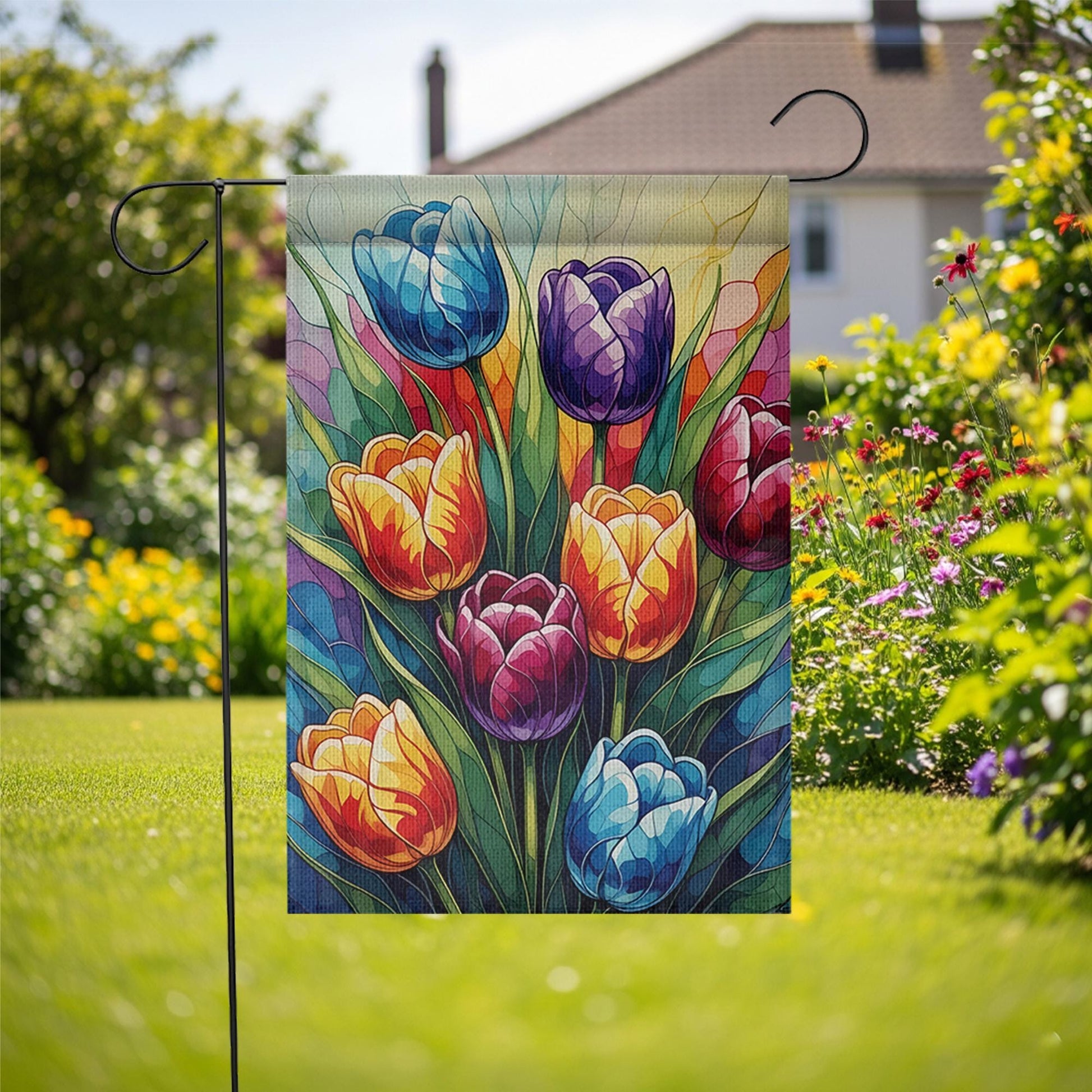 Colorful Tulip Garden Flag, Stained Glass STYLE ART Floral Yard Flag, Spring Summer Outdoor Decor, Bright Flower House Banner, Yard Art Flag