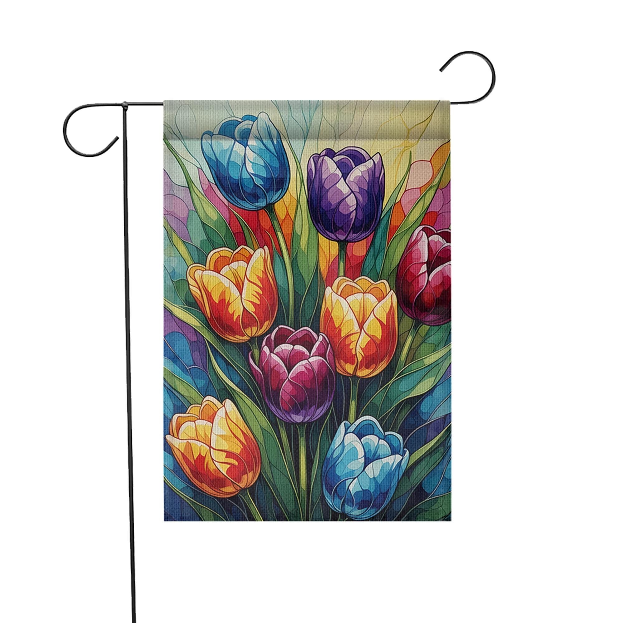 Colorful Tulip Garden Flag, Stained Glass STYLE ART Floral Yard Flag, Spring Summer Outdoor Decor, Bright Flower House Banner, Yard Art Flag